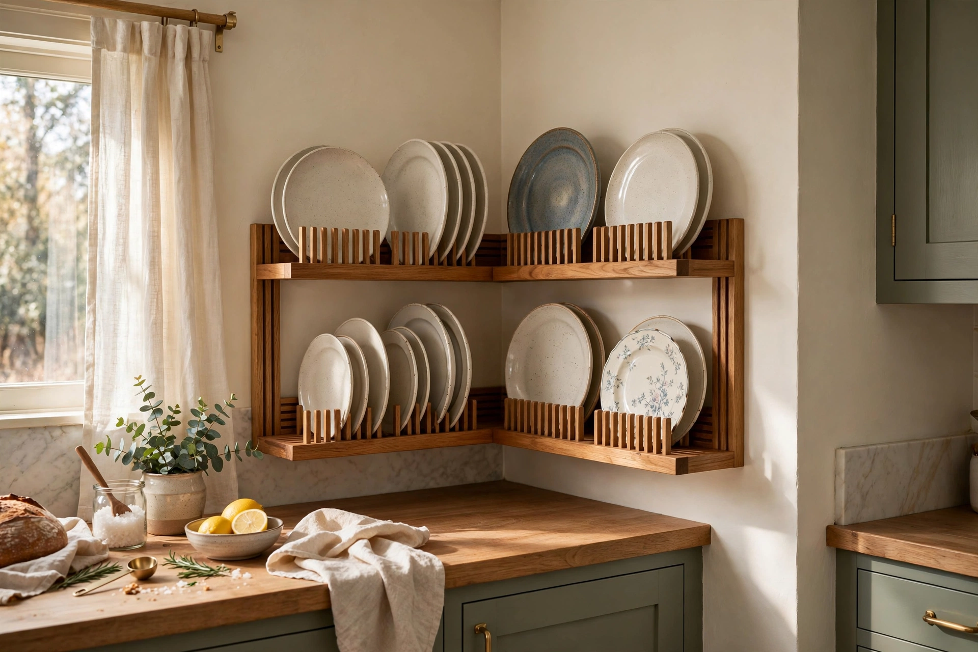 Corner plate rack with L-shaped grooves reclaiming an awkward kitchen corner angle