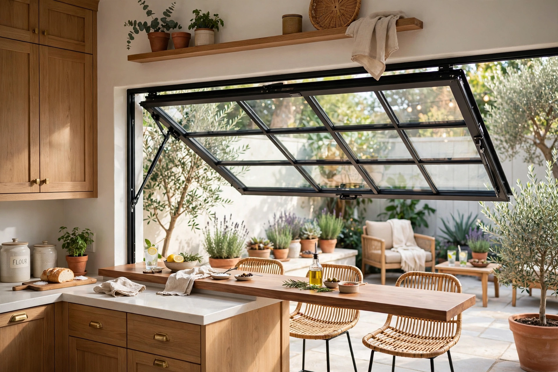 Outdoor serving window from kitchen to patio with an awning-style flip-out window and bar