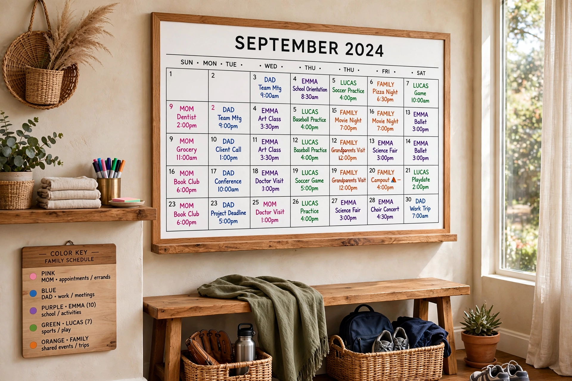 Large color-coded family calendar wall with each member's events in a different color