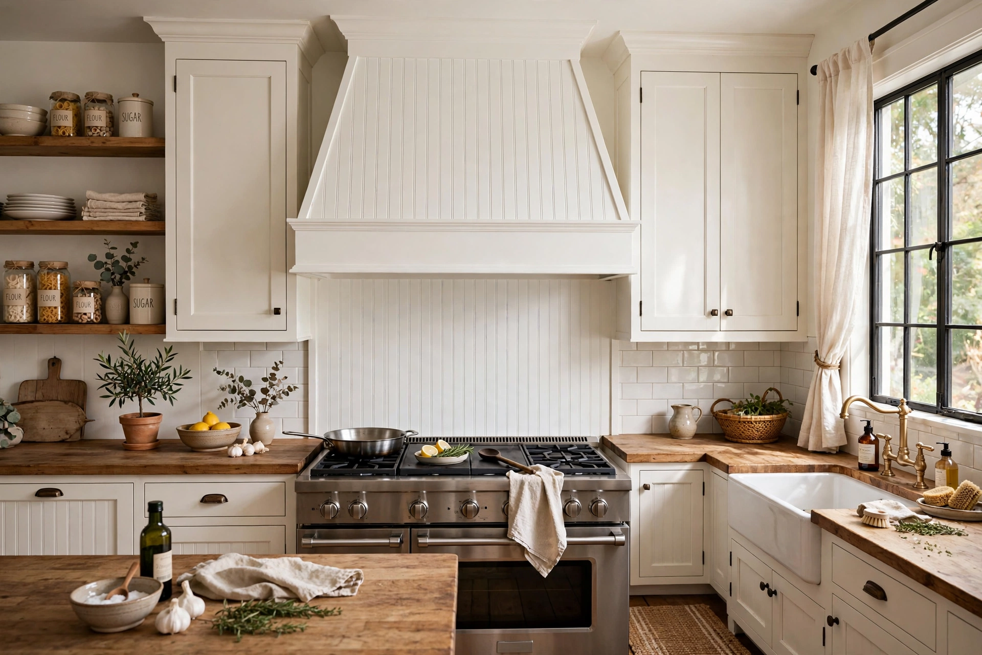 Custom range hood cover clad in white beadboard as the centerpiece of a farmhouse kitchen