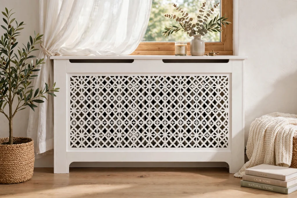 White fretwork grille radiator cover with decorative pierced pattern