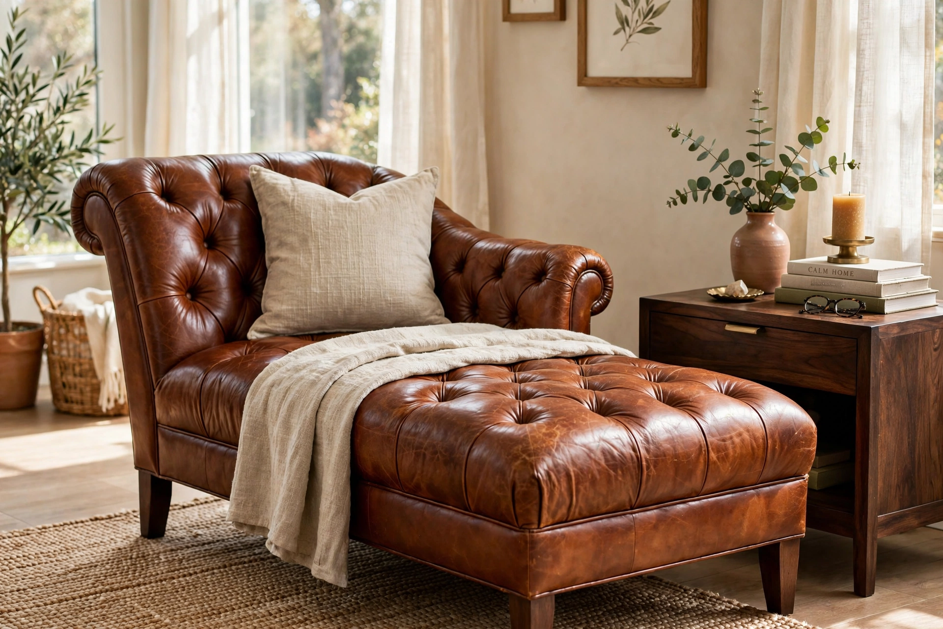 Cognac leather tufted chaise lounge with dark wood side table