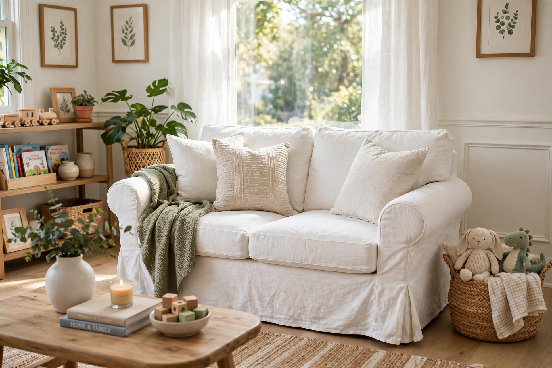 White linen slipcovered loveseat in a bright family-friendly living room