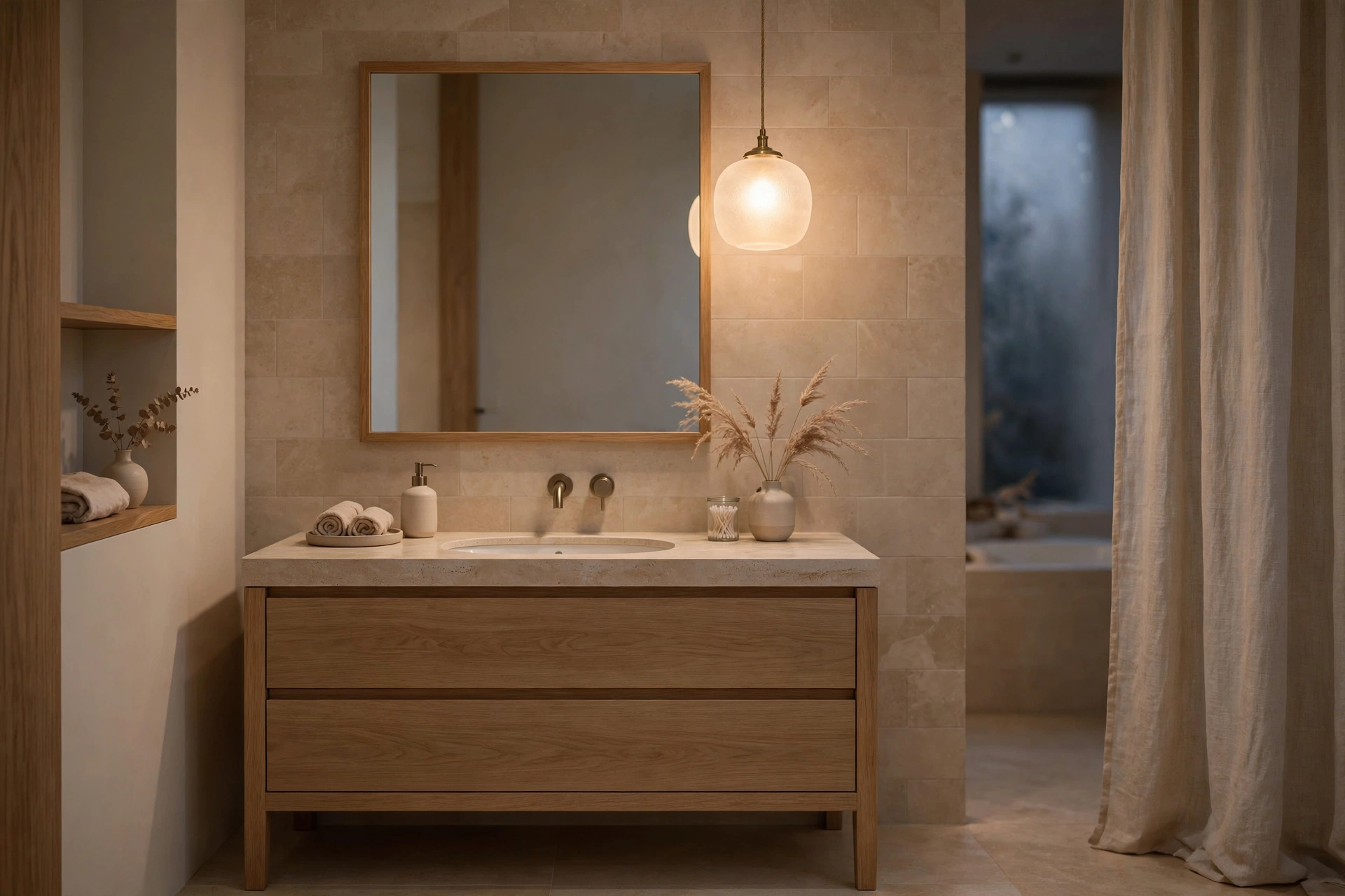 Frosted-glass pendant glowing warmly over a Japandi bathroom vanity