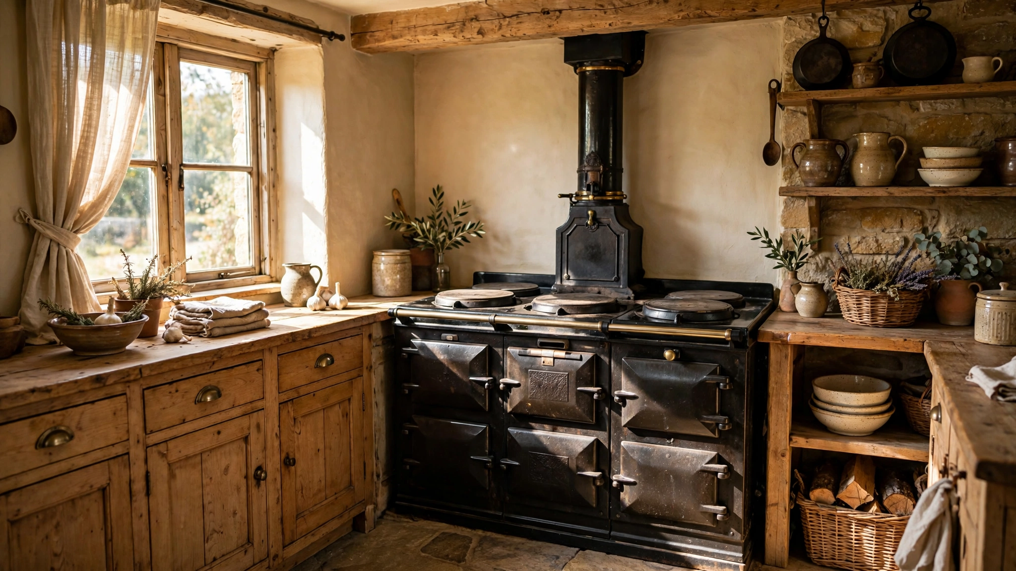 Classic cast iron range cooker in a warm rustic kitchen