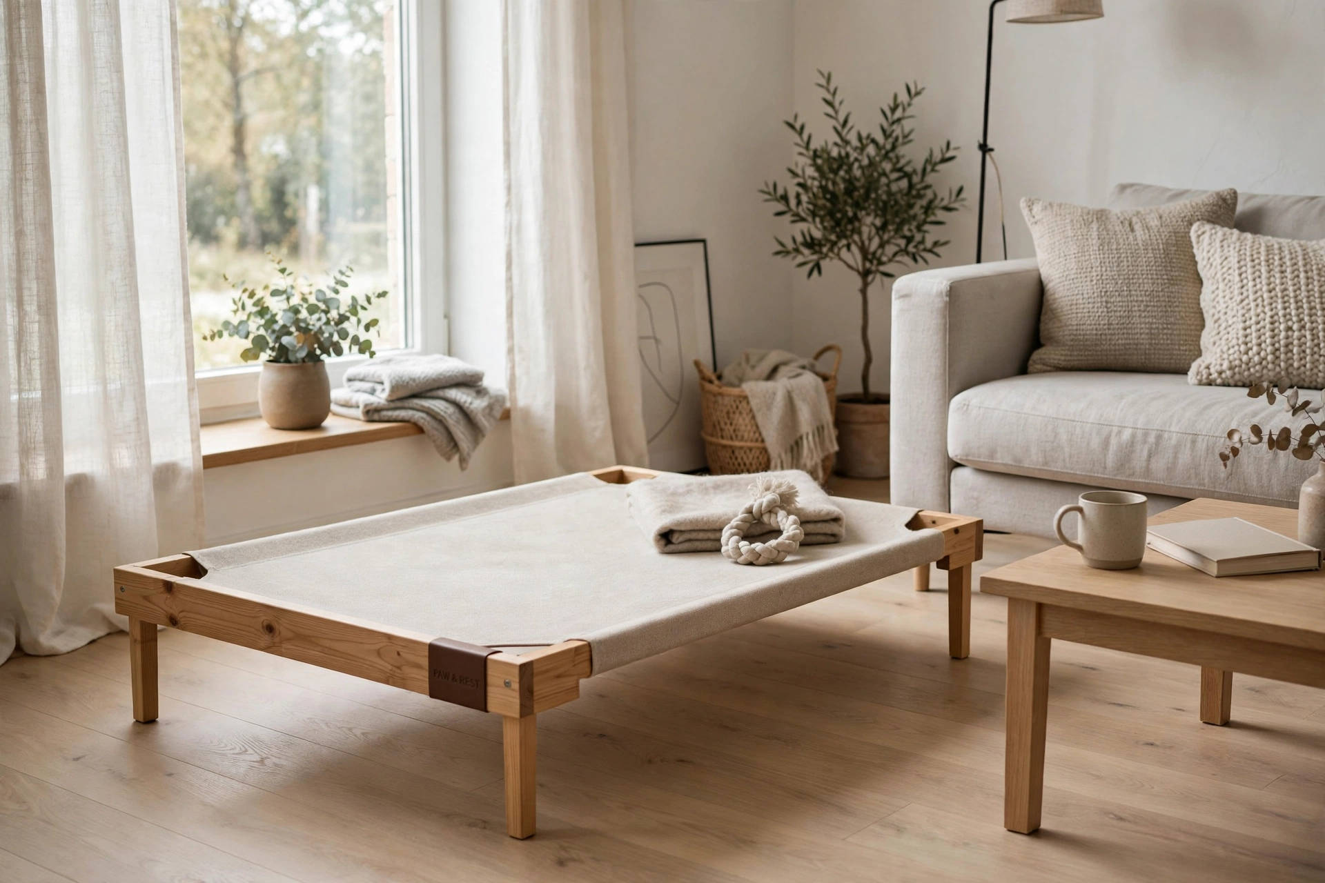 Minimalist elevated cot dog bed in a modern Scandinavian living room