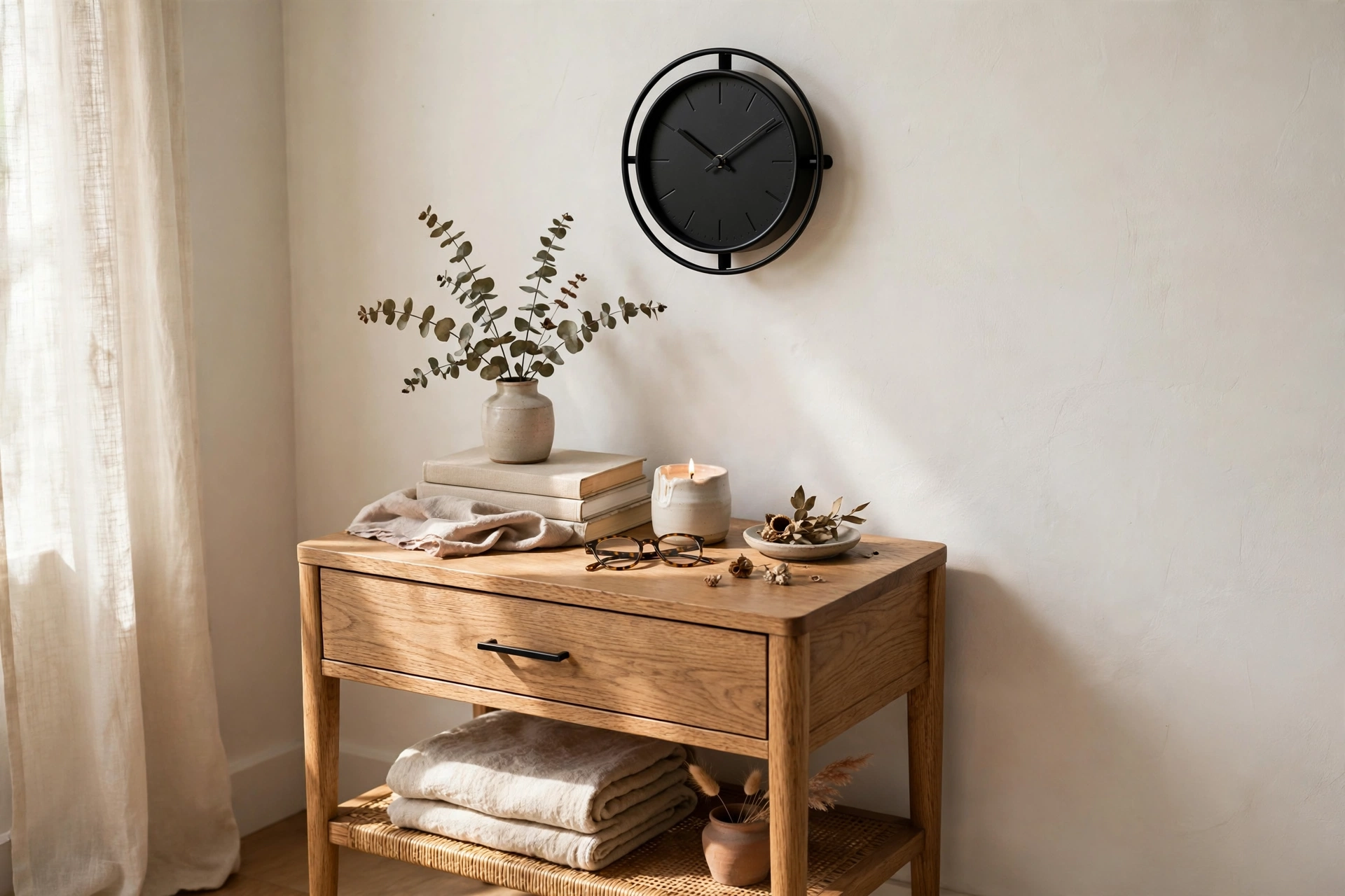 Small black clock mounted on the wall behind a styled wooden nightstand