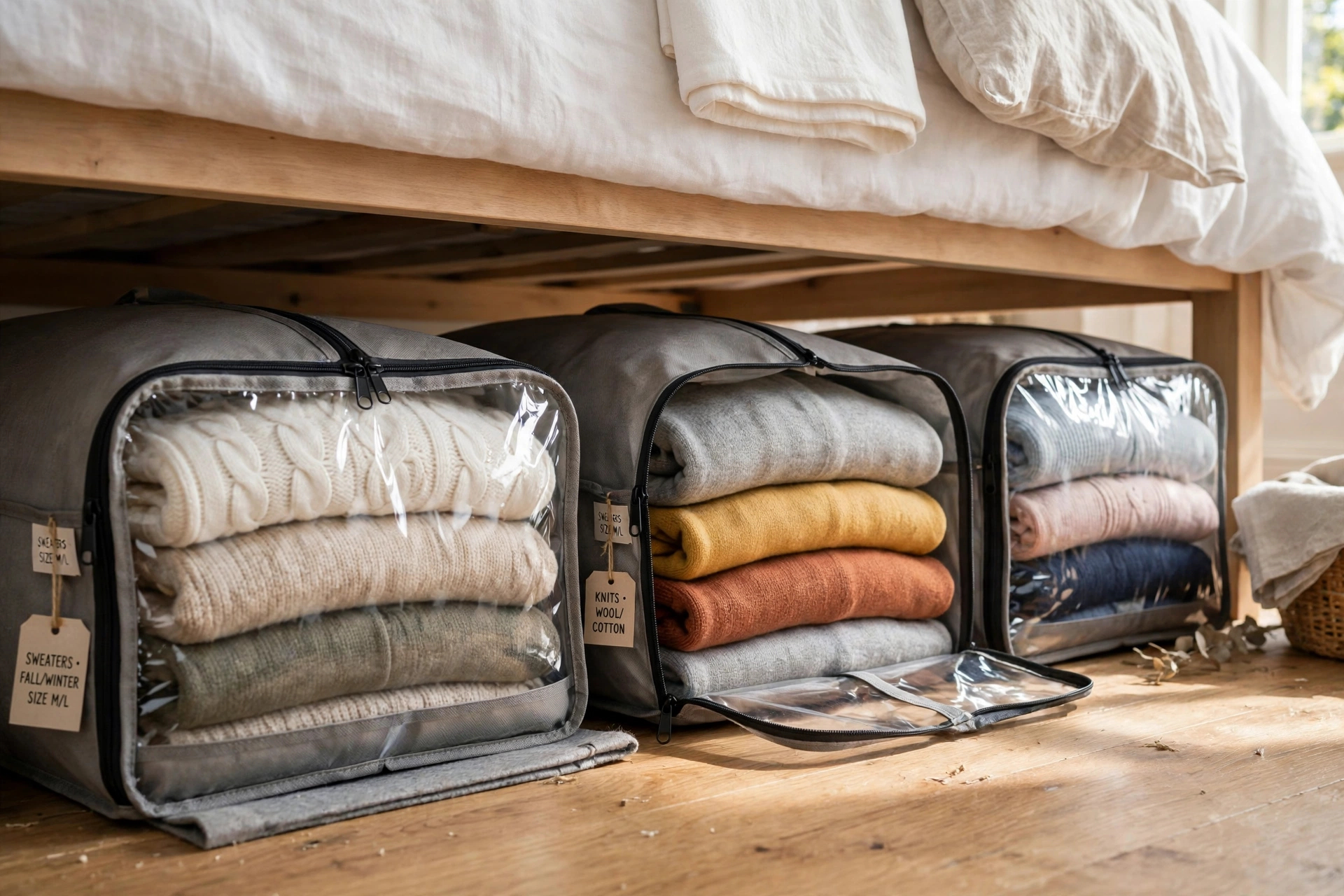 Zippered garment bags with folded sweaters stored flat under a bed