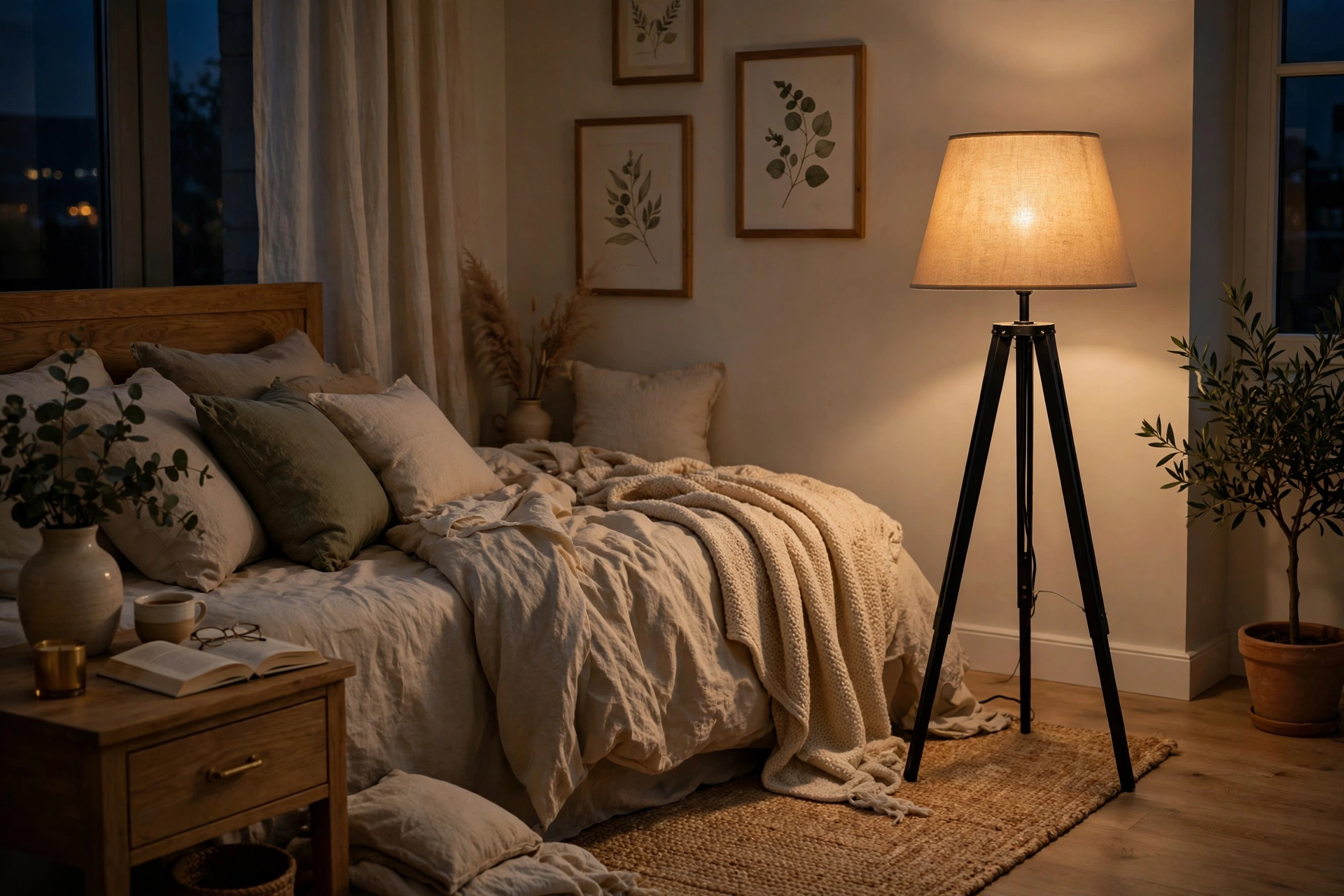 Dimmable floor lamp glowing softly at low setting in an evening bedroom