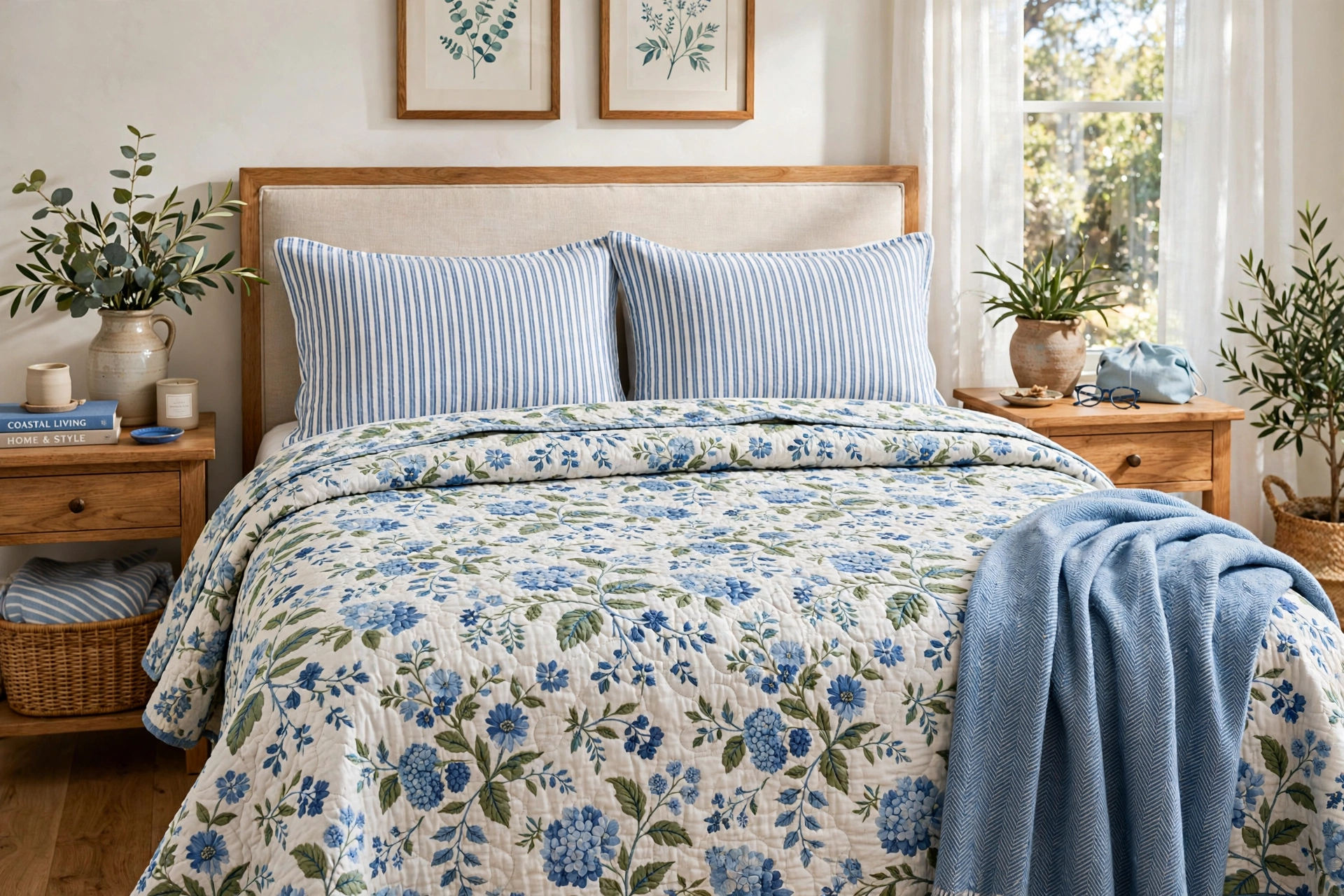 Bed mixing a floral quilt with striped shams in coordinating blue tones