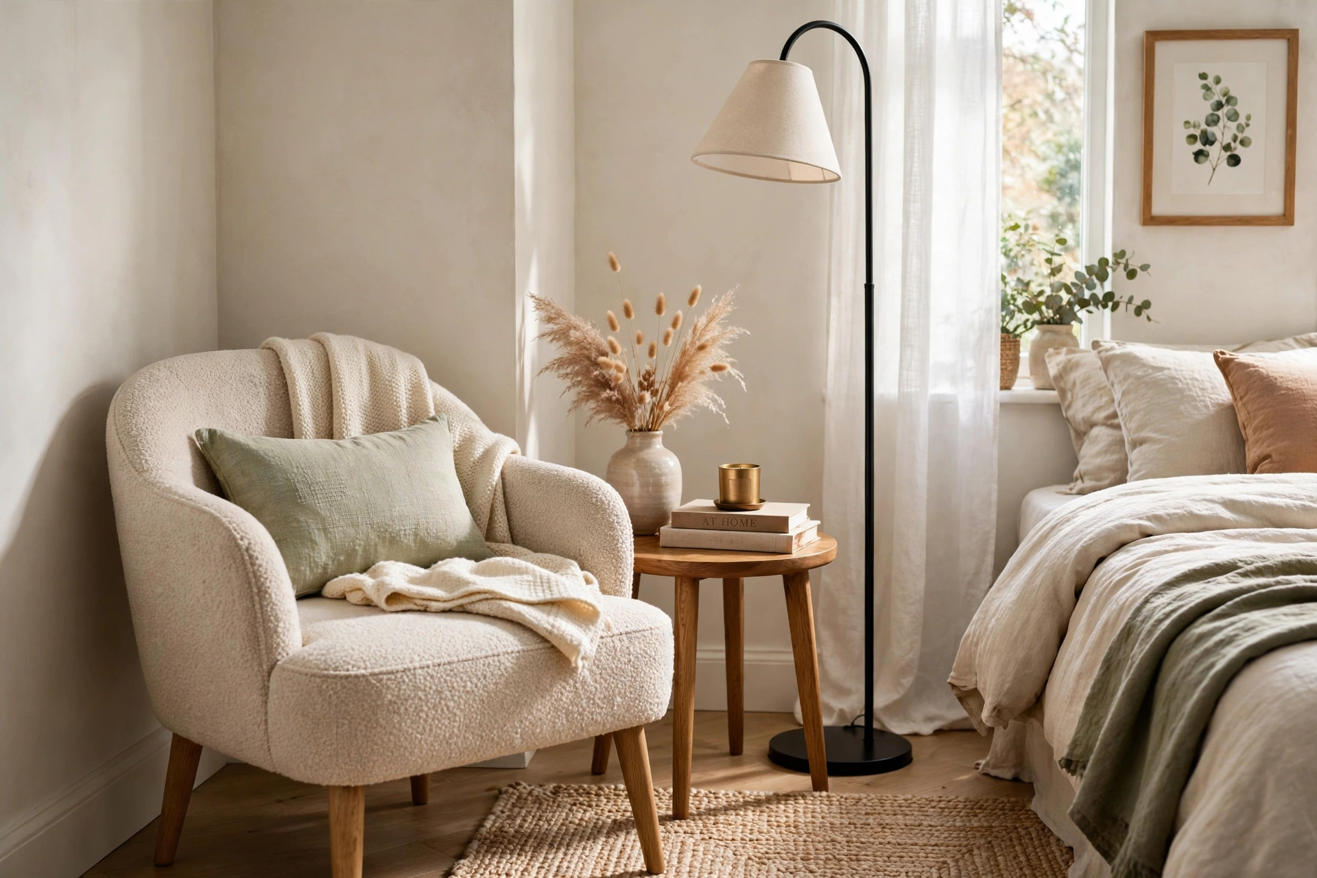 Chair, side table and floor lamp arranged as a trio in a bedroom corner