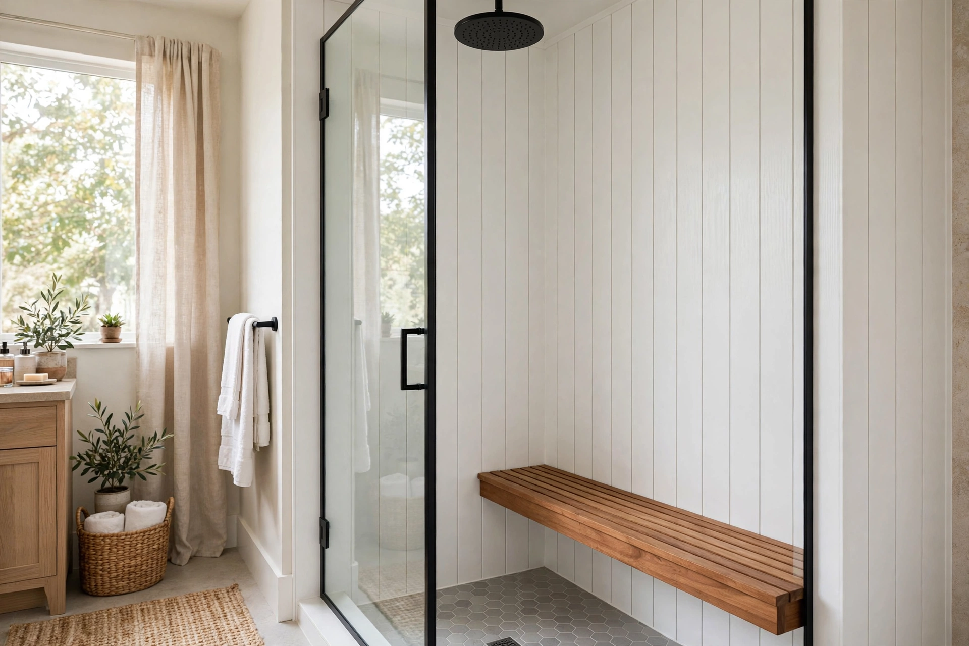 PVC shiplap shower enclosure with rain showerhead and teak bench