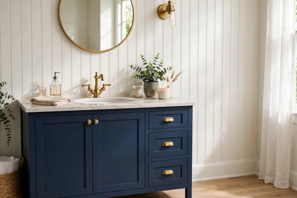White beadboard backsplash wall behind a navy bathroom vanity