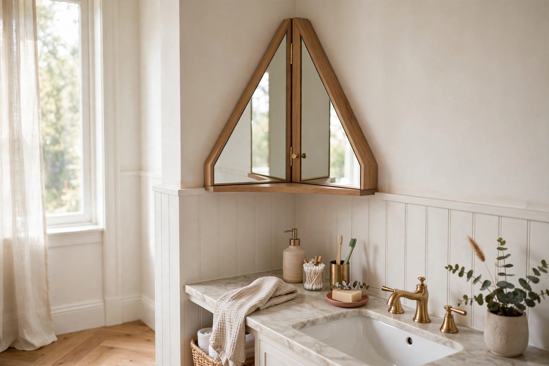Triangular corner medicine cabinet mounted where two bathroom walls meet