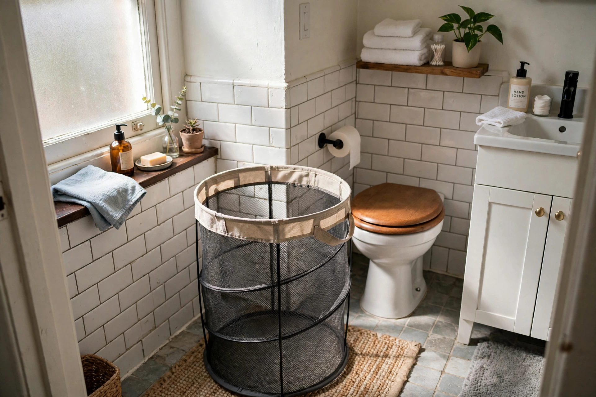 Collapsible mesh pop-up laundry hamper in a small rental bathroom