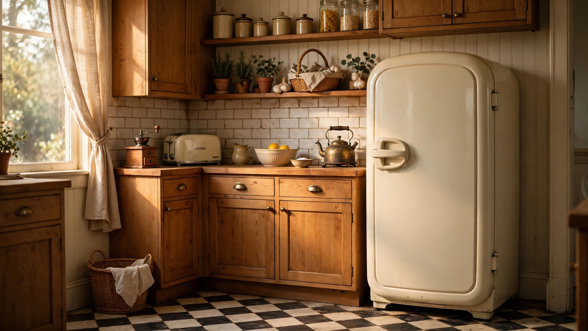 Rounded retro style refrigerator in cream in a vintage kitchen