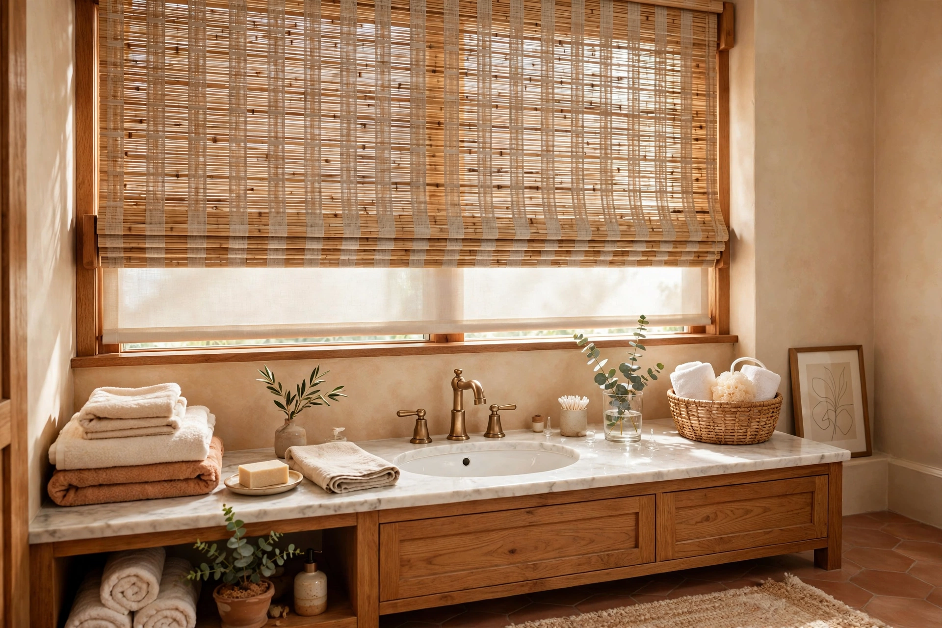 Woven bamboo window shade with privacy liner in a warm bathroom