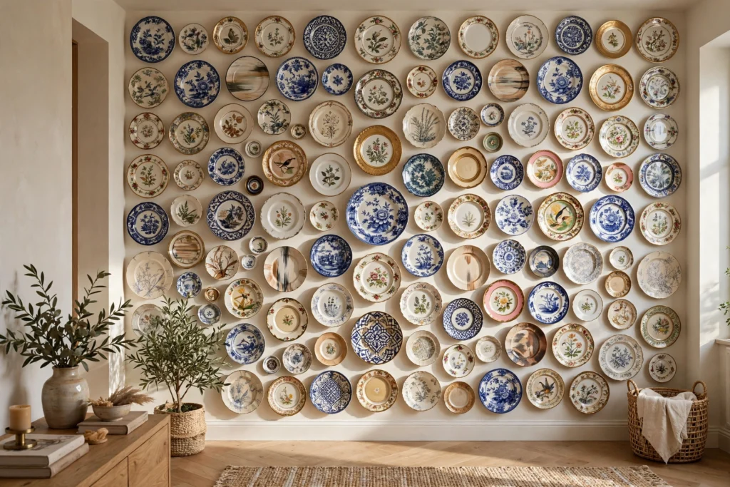 Dramatic floor-to-ceiling wall covered with dozens of arranged decorative plates