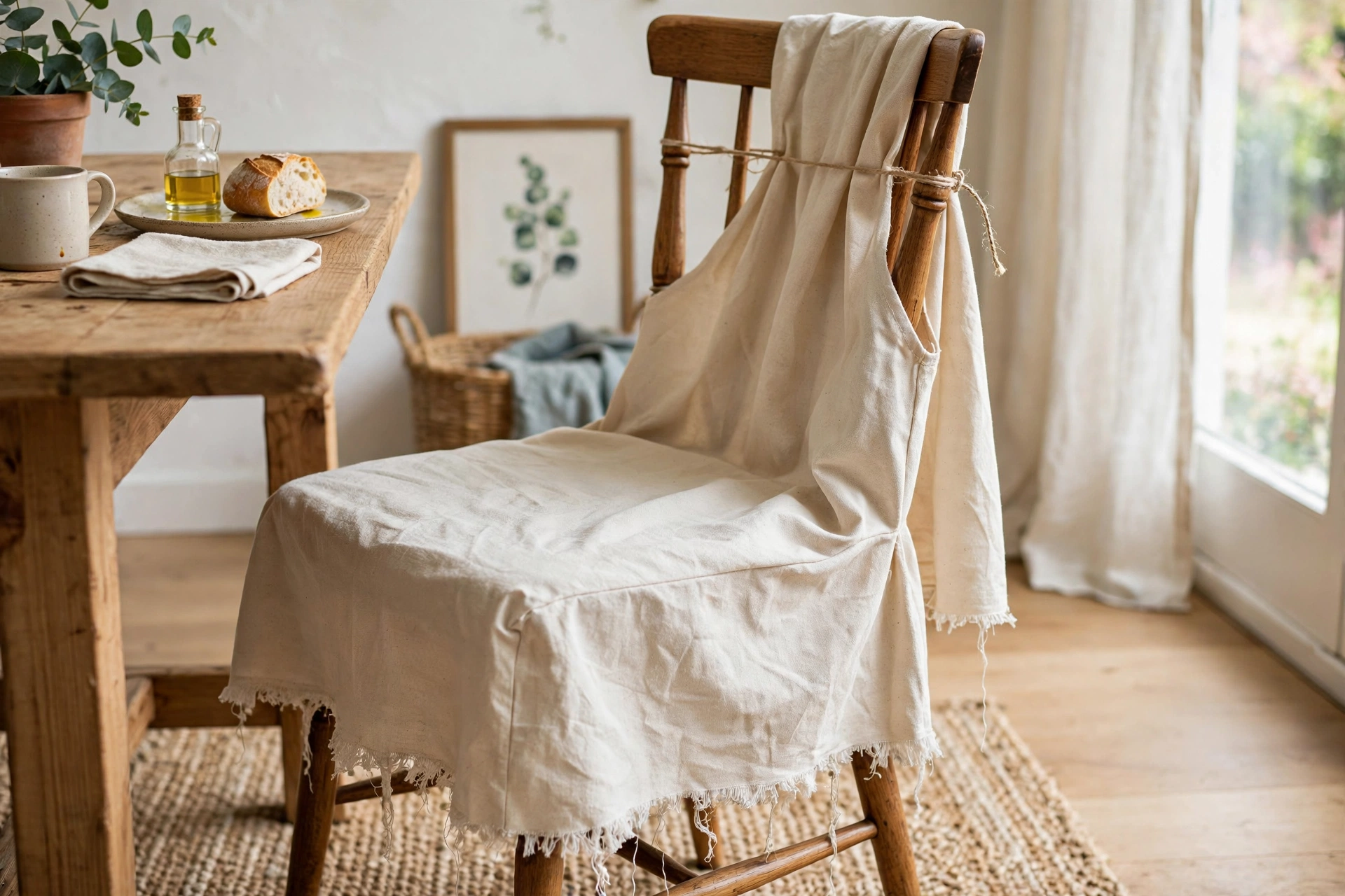 Budget canvas drop-cloth slipcover with casual frayed hem on a dining chair