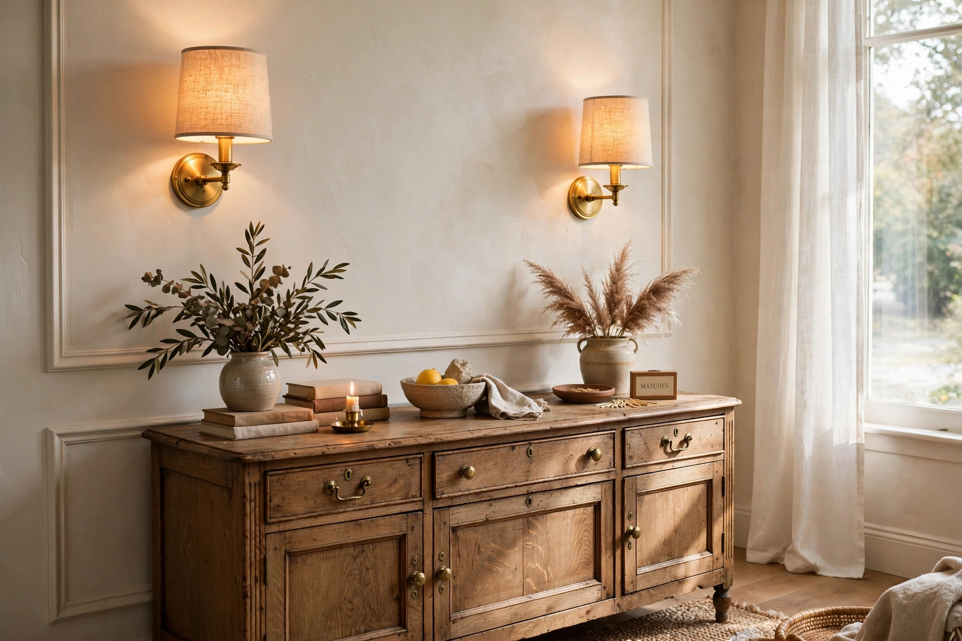 Brass wall sconces with fabric shades glowing beside a vintage sideboard