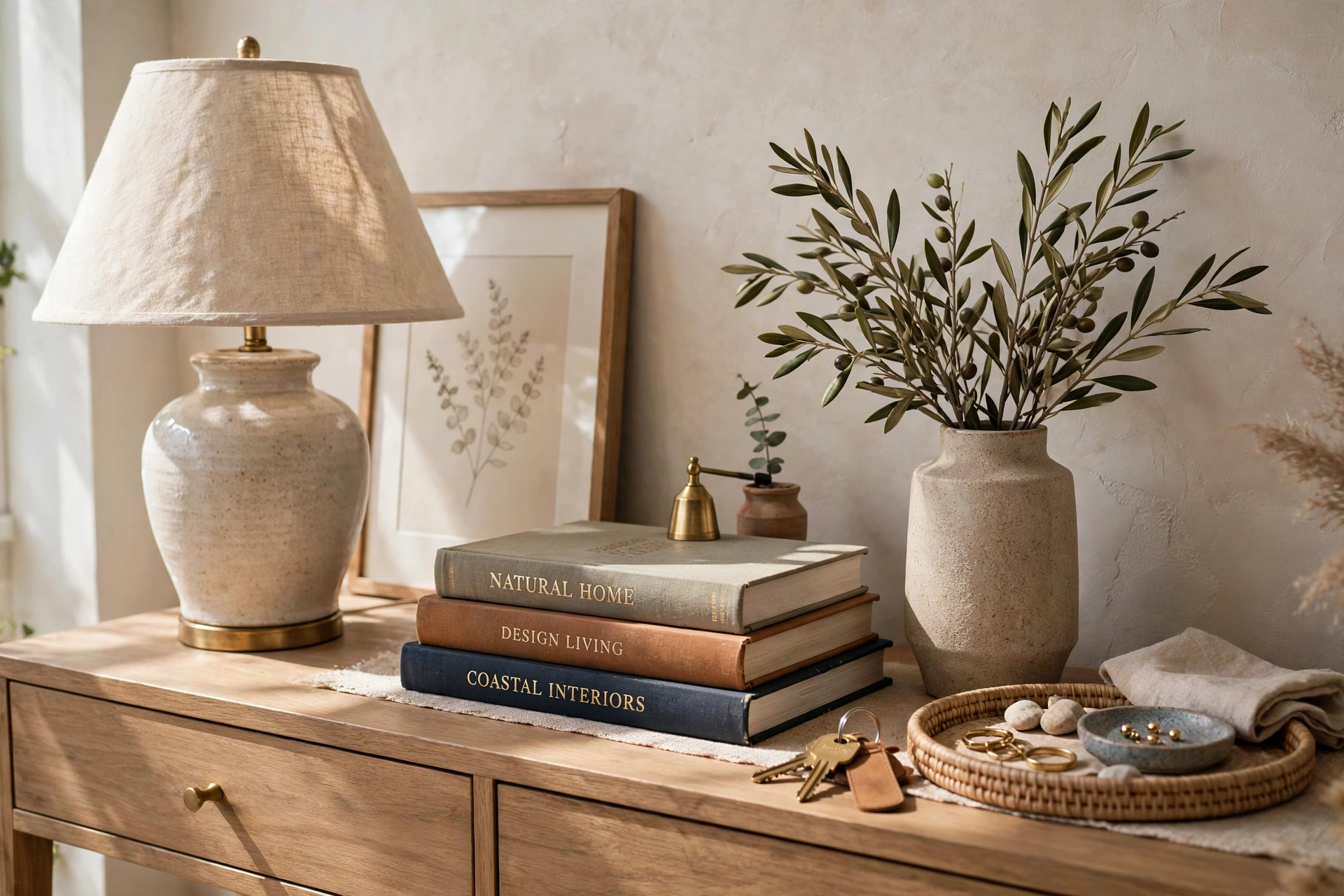Styled console vignette with lamp, stacked books, vase, and catchall tray