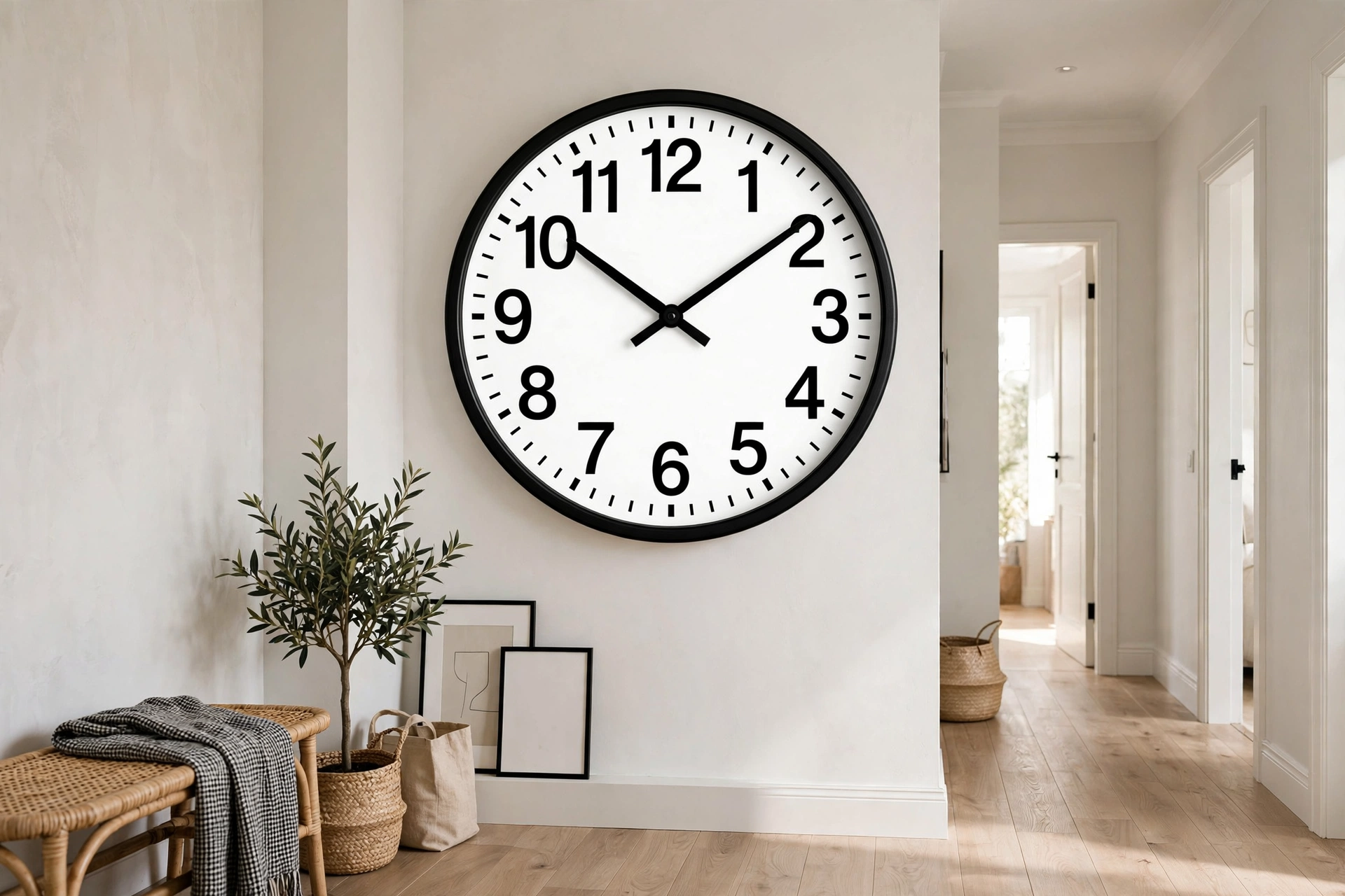 High-contrast black and white wall clock face for easy readability in a hallway