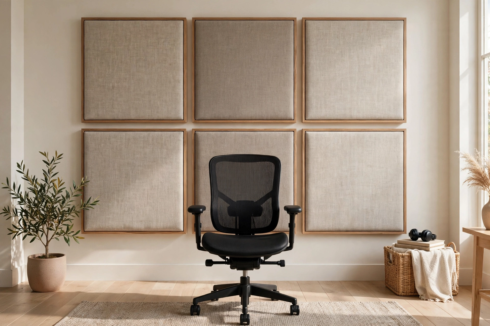Symmetrical grid of fabric acoustic panels centered behind an office chair