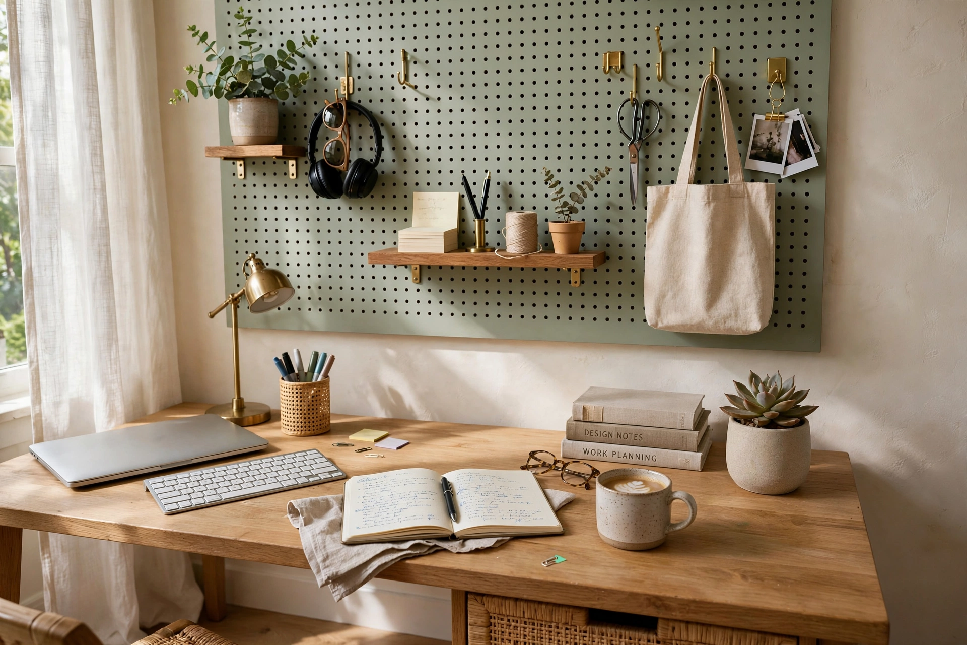 Painted pegboard with shelves and hooks styled above a home office desk