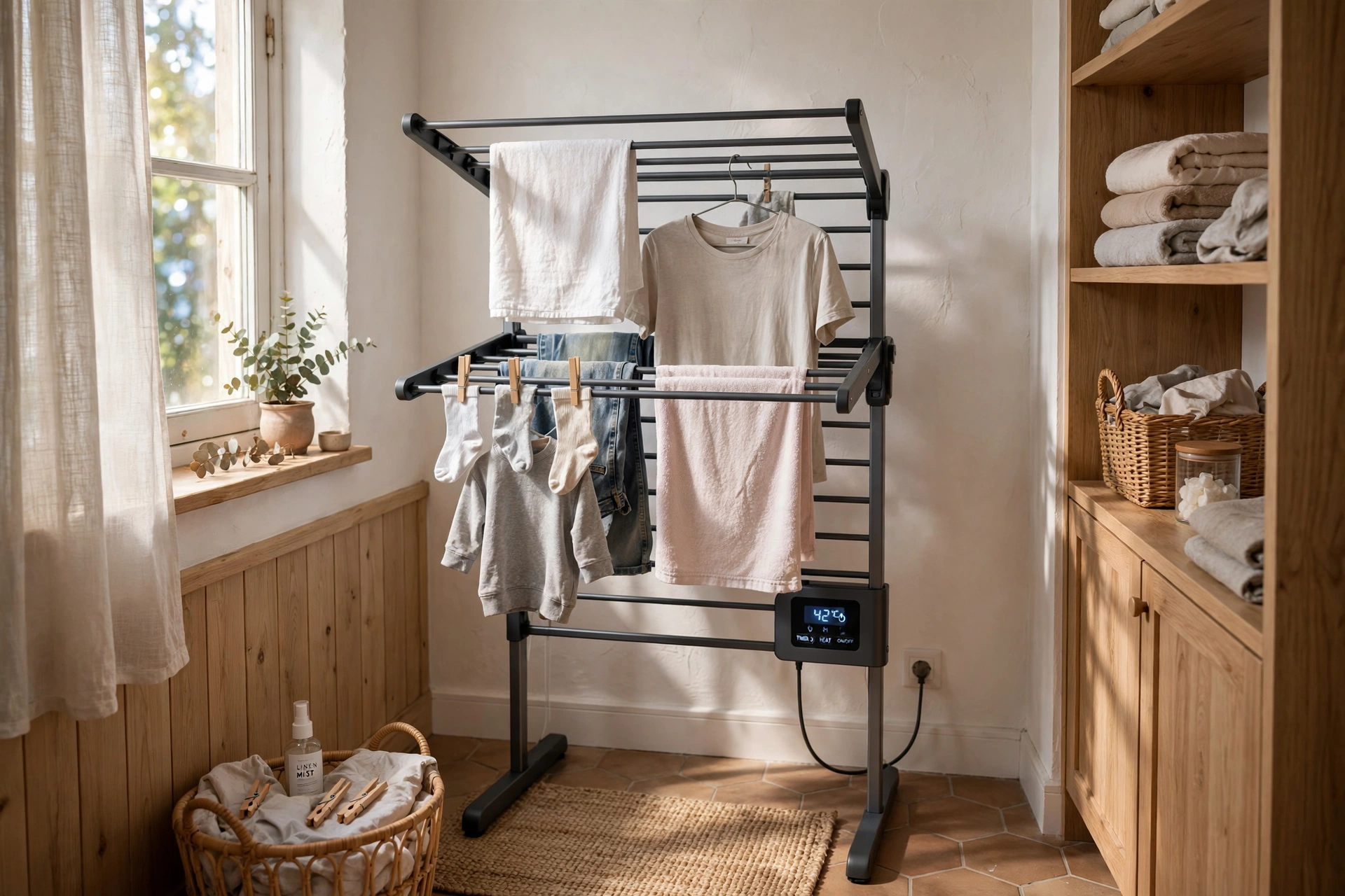 Electric heated drying rack with clothes drying in a small room