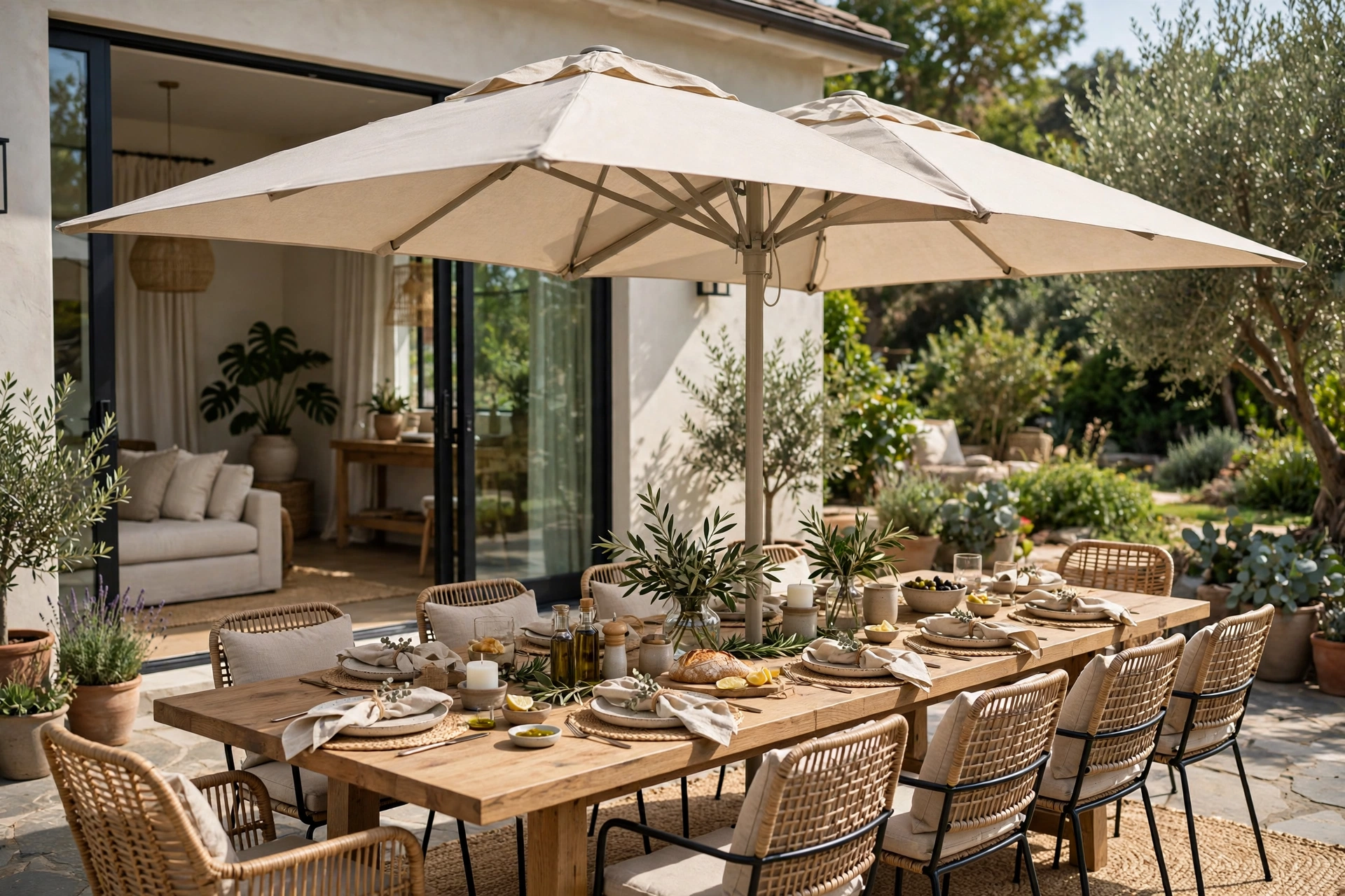 Twin canopy umbrella covering a long rectangular outdoor dining table