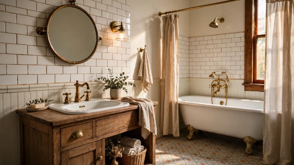 Unlacquered brass faucets and fixtures in a vintage bathroom