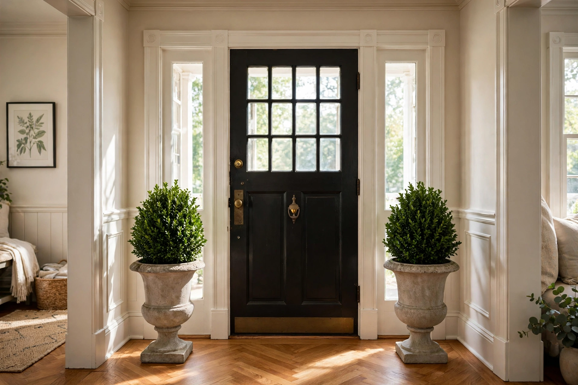 Matching stone urns with boxwood flanking a front door