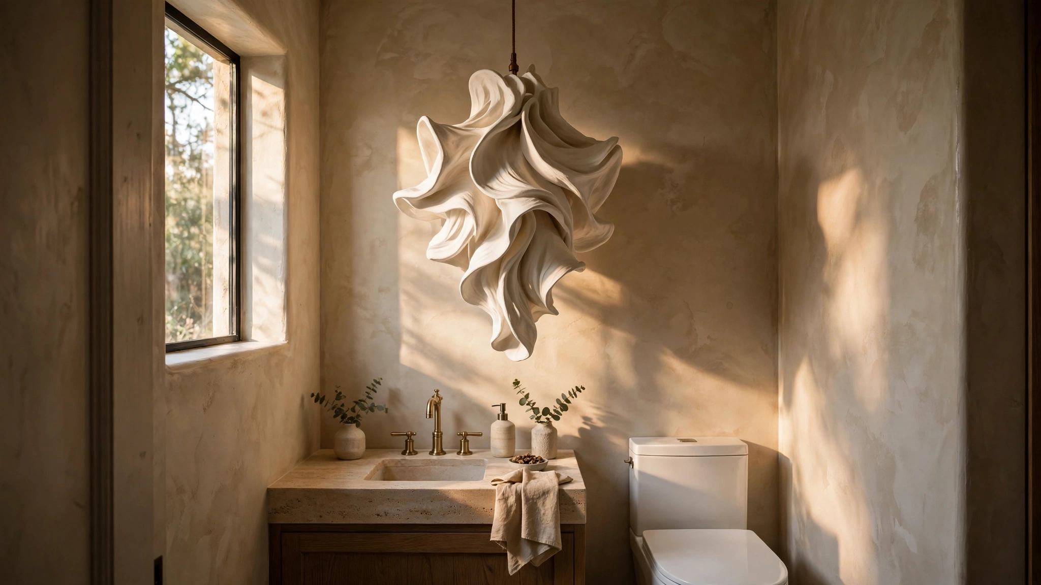 Sculptural pendant light adding drama to a small powder room