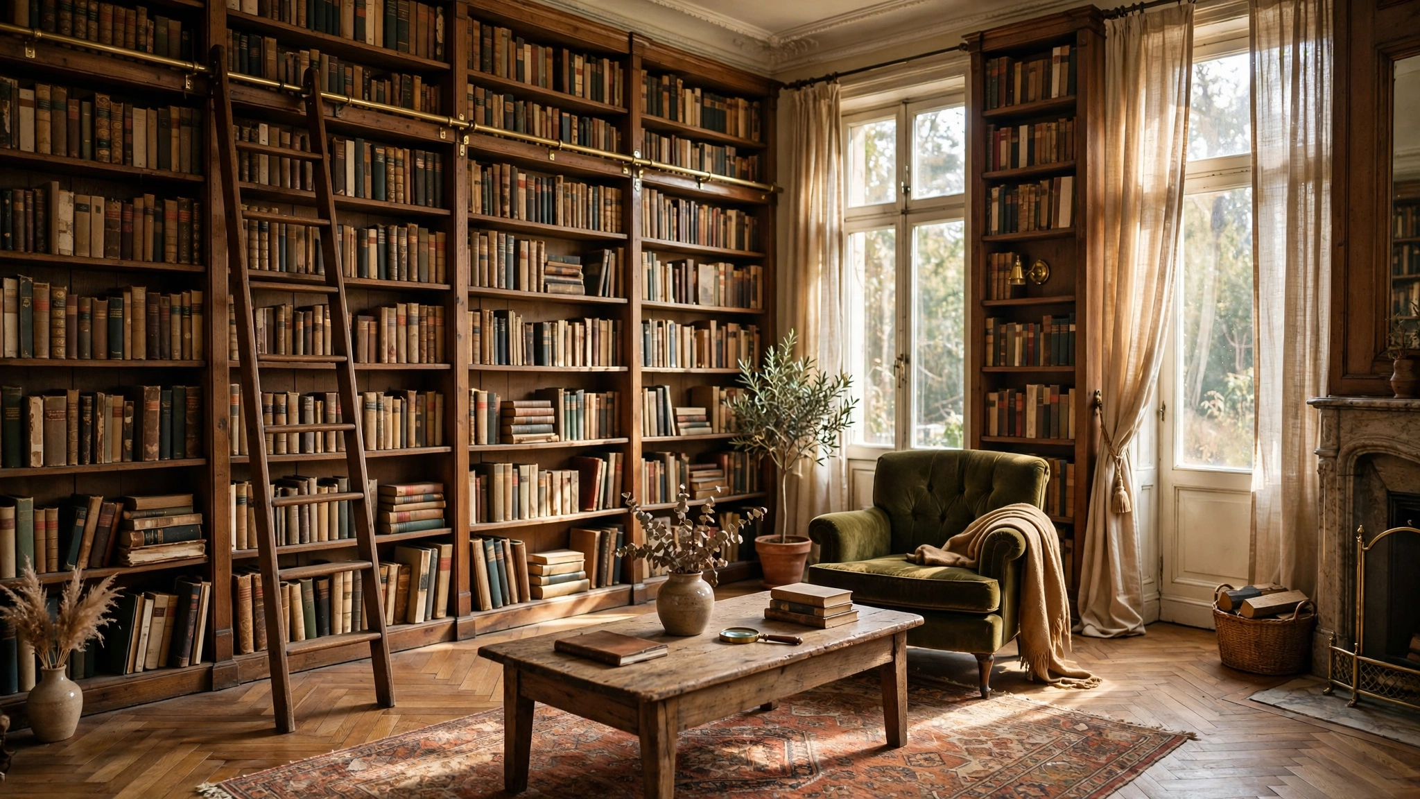 Floor to ceiling bookshelves with old books in a vintage living room