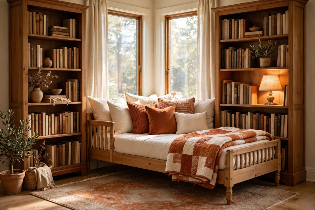 Cozy reading nook with daybed, layered pillows and bookcases in a corner
