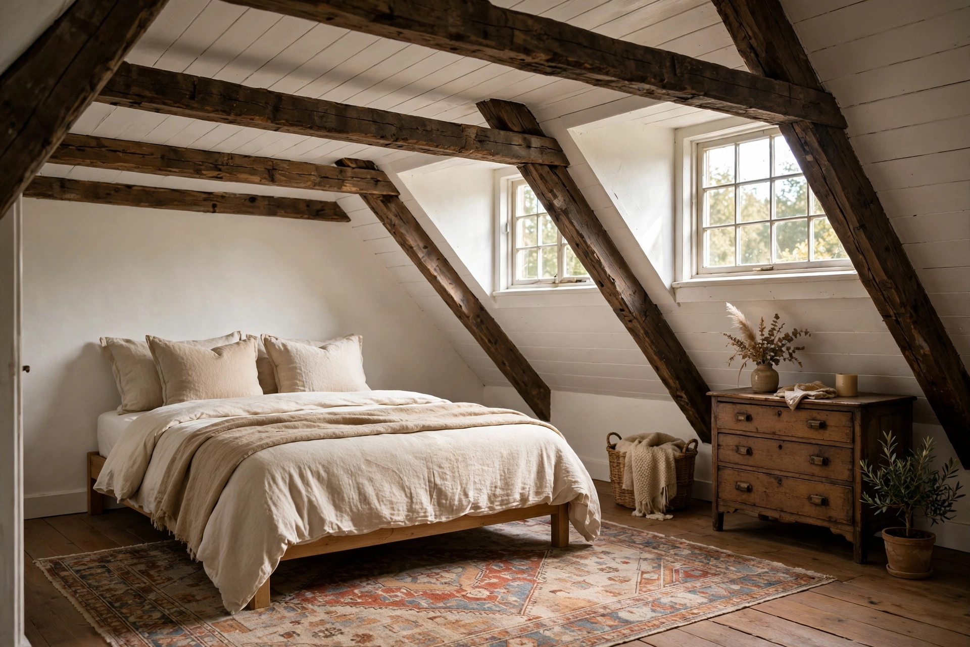 Attic bedroom with exposed wooden beams along white sloped ceilings