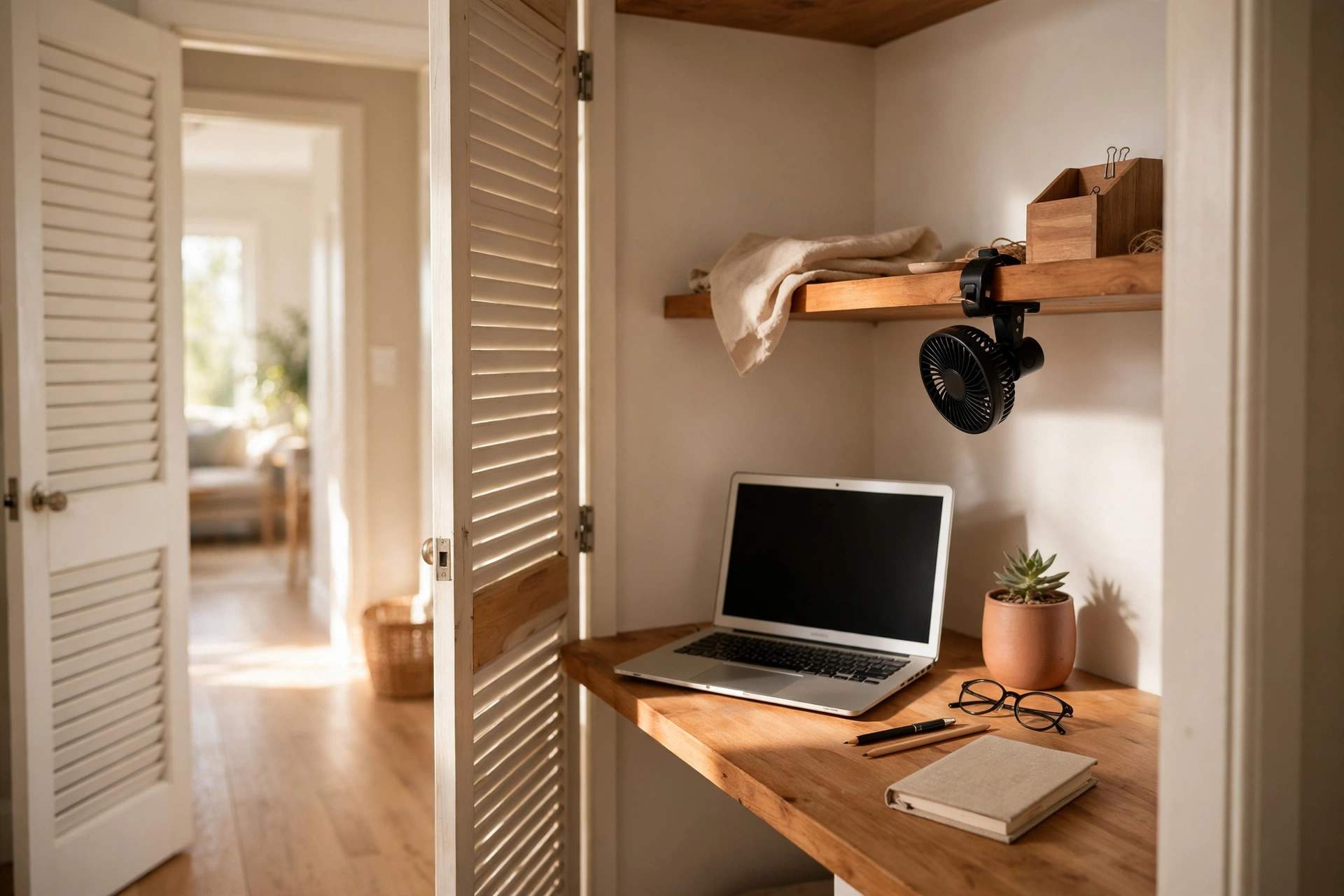 Small closet office with a clip-on fan and open door keeping the workspace airy