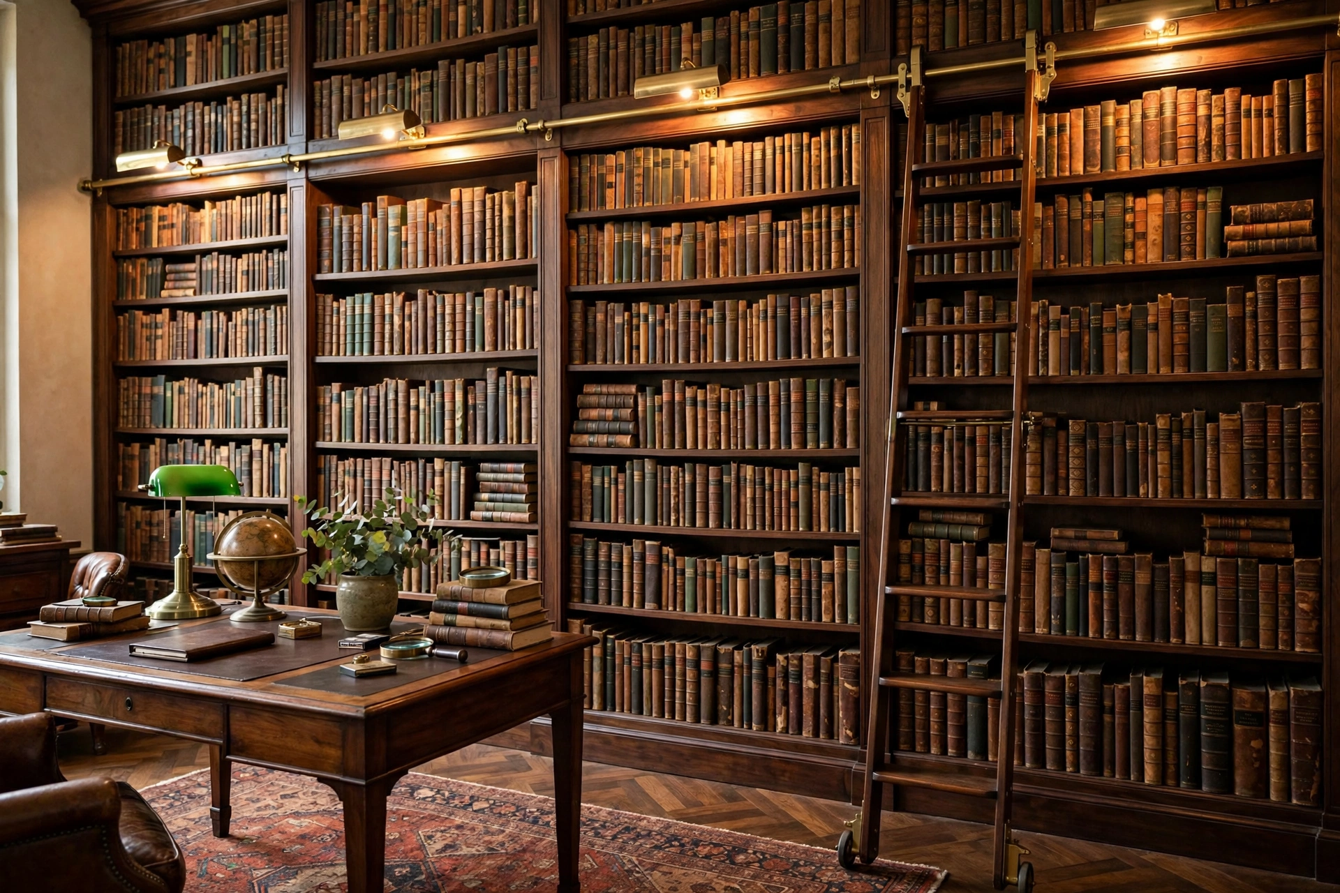 Floor-to-ceiling dark wood bookcases filled with books in a vintage home office
