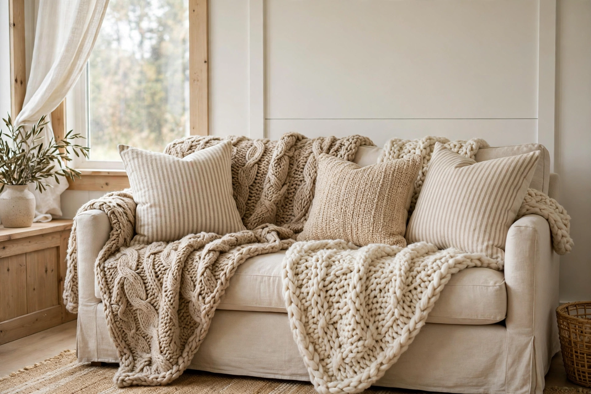 Farmhouse sofa layered with chunky knit throws and grain sack pillows in neutrals