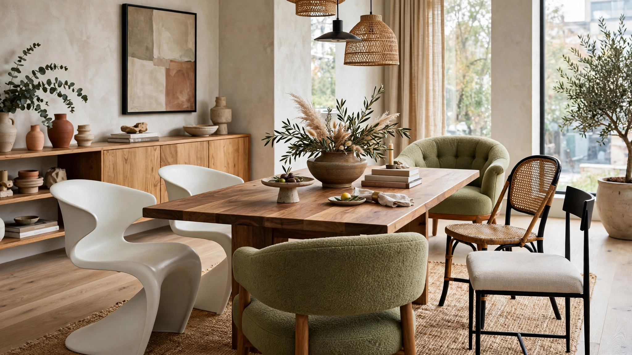 Modern dining room with mixed dining chairs including upholstered host chairs and sculpted side chairs