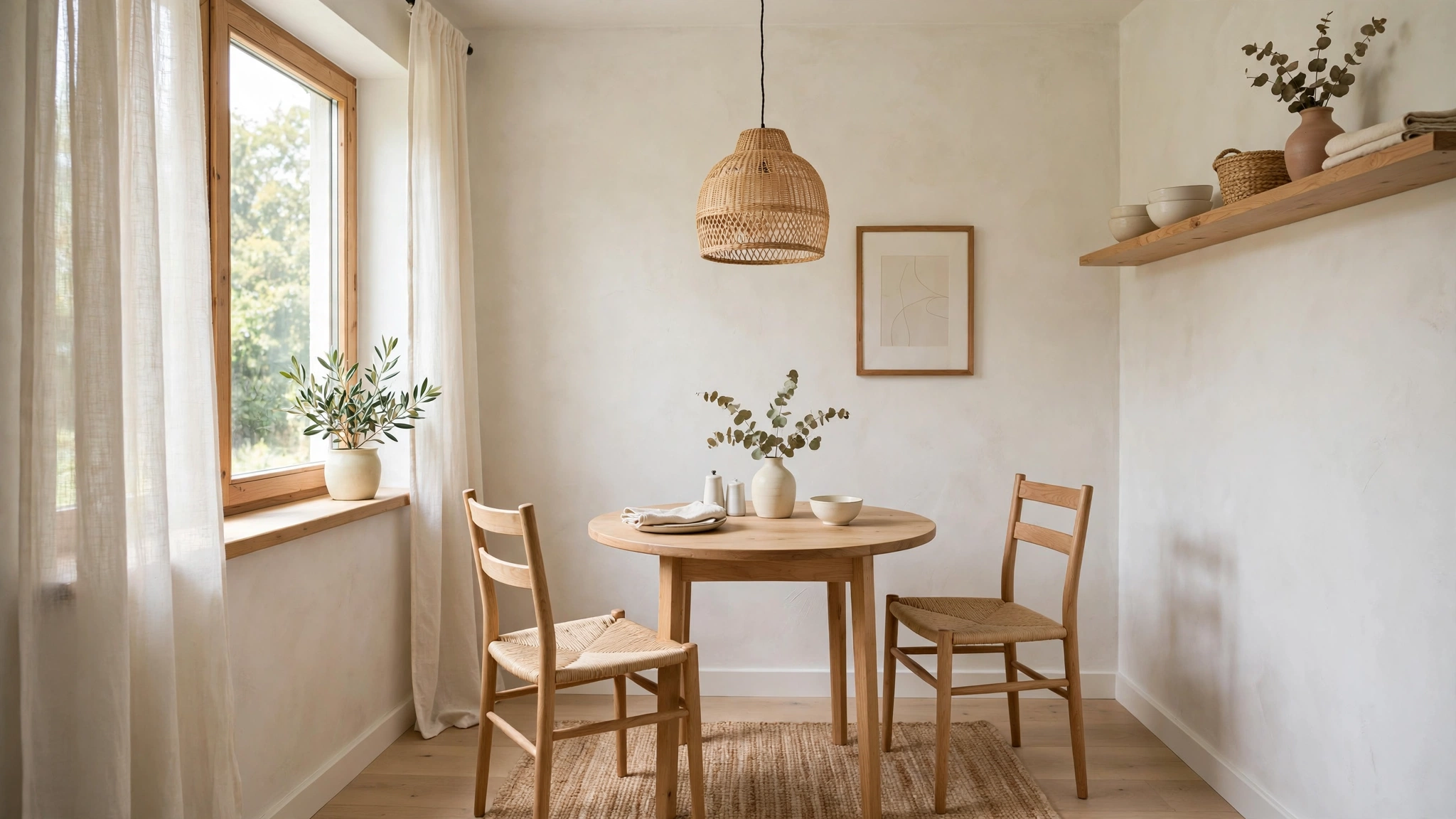 Light and airy small dining room in white and cream with natural wood accents