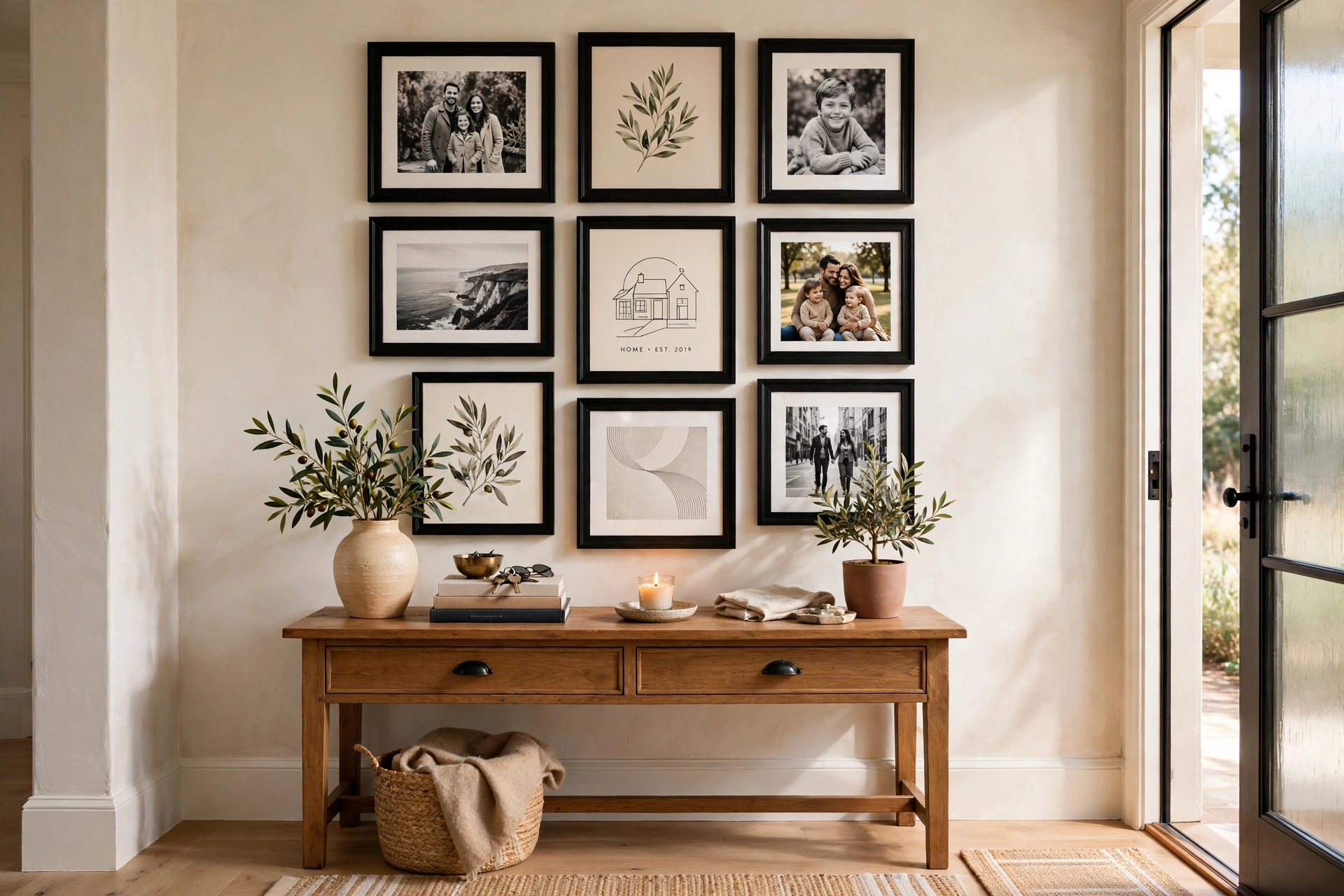 Entryway gallery wall of framed family photos and art prints arranged above a console table