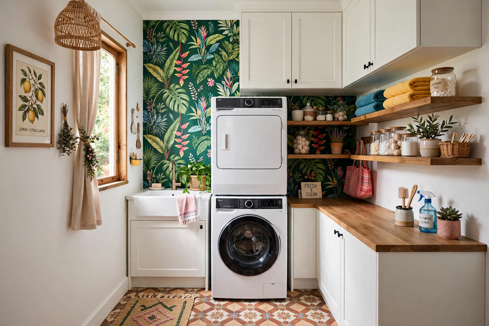 Bold botanical wallpaper accent wall in a small laundry room with white cabinets and wood shelves