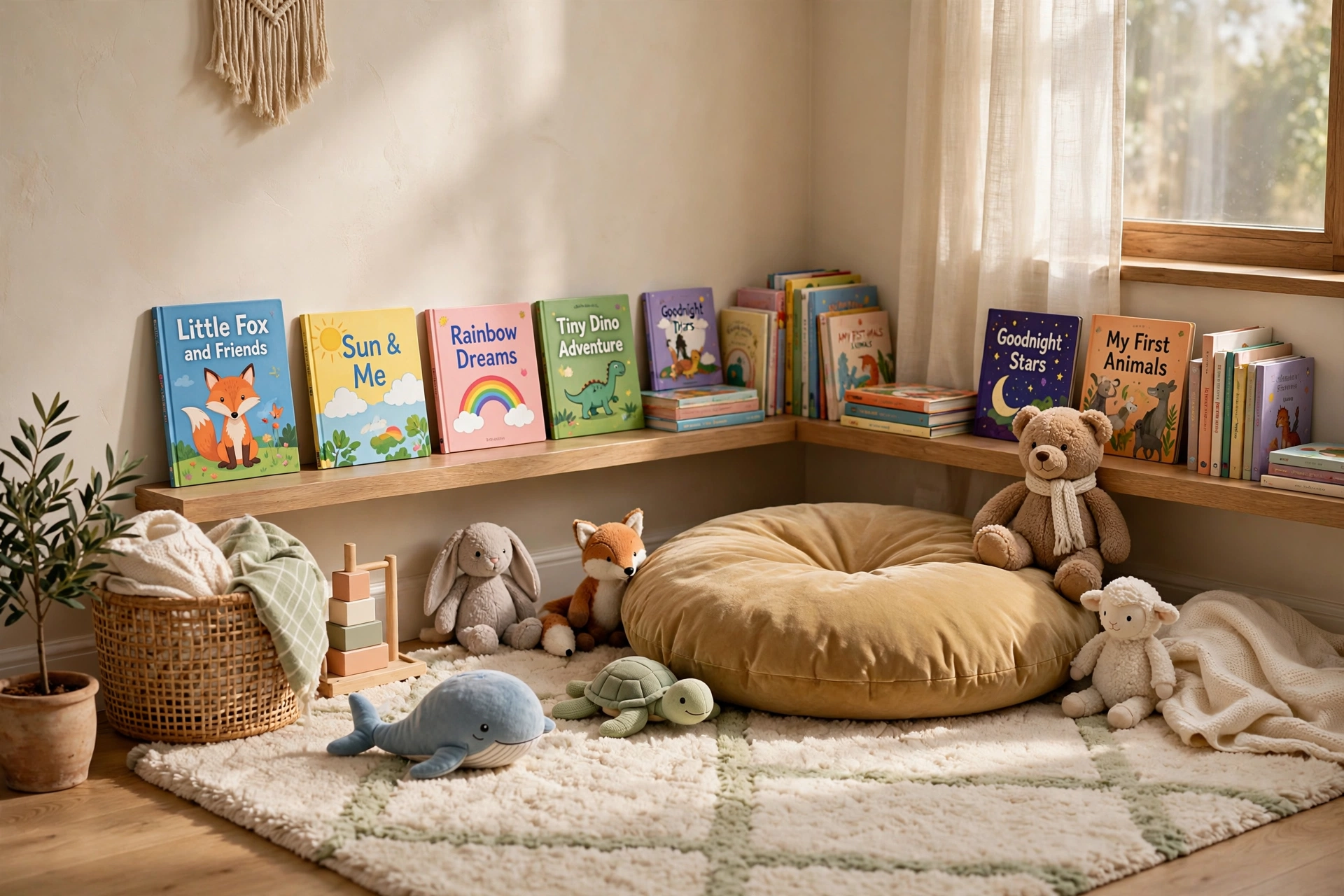 Nursery reading nook with low floating bookshelves, cushion and plush rug