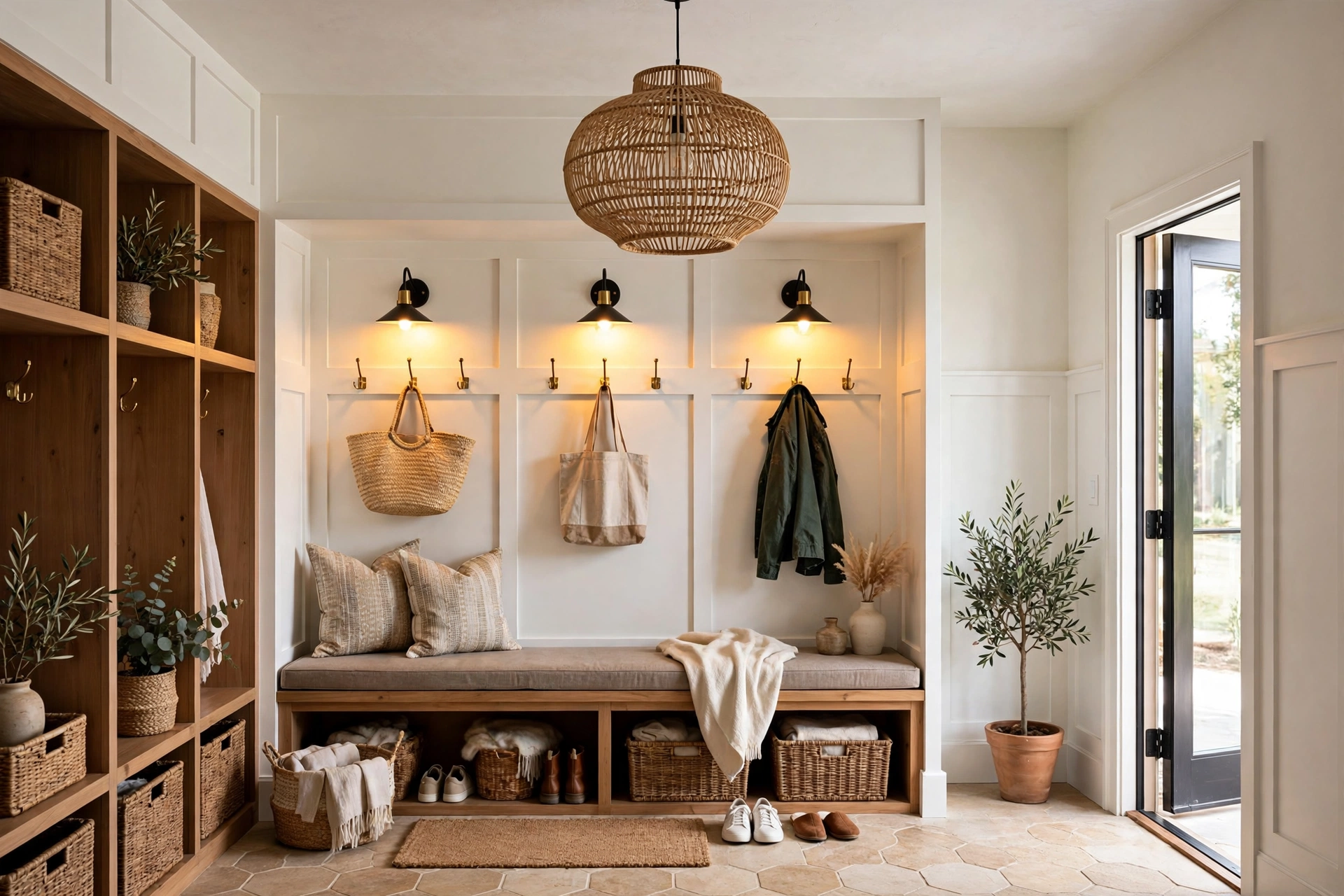 Bright mudroom design ideas with a statement pendant light and task lighting over the bench