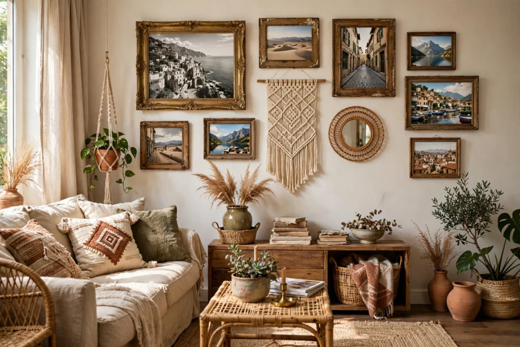 Boho living room design ideas with an eclectic gallery wall of mixed frames and textiles