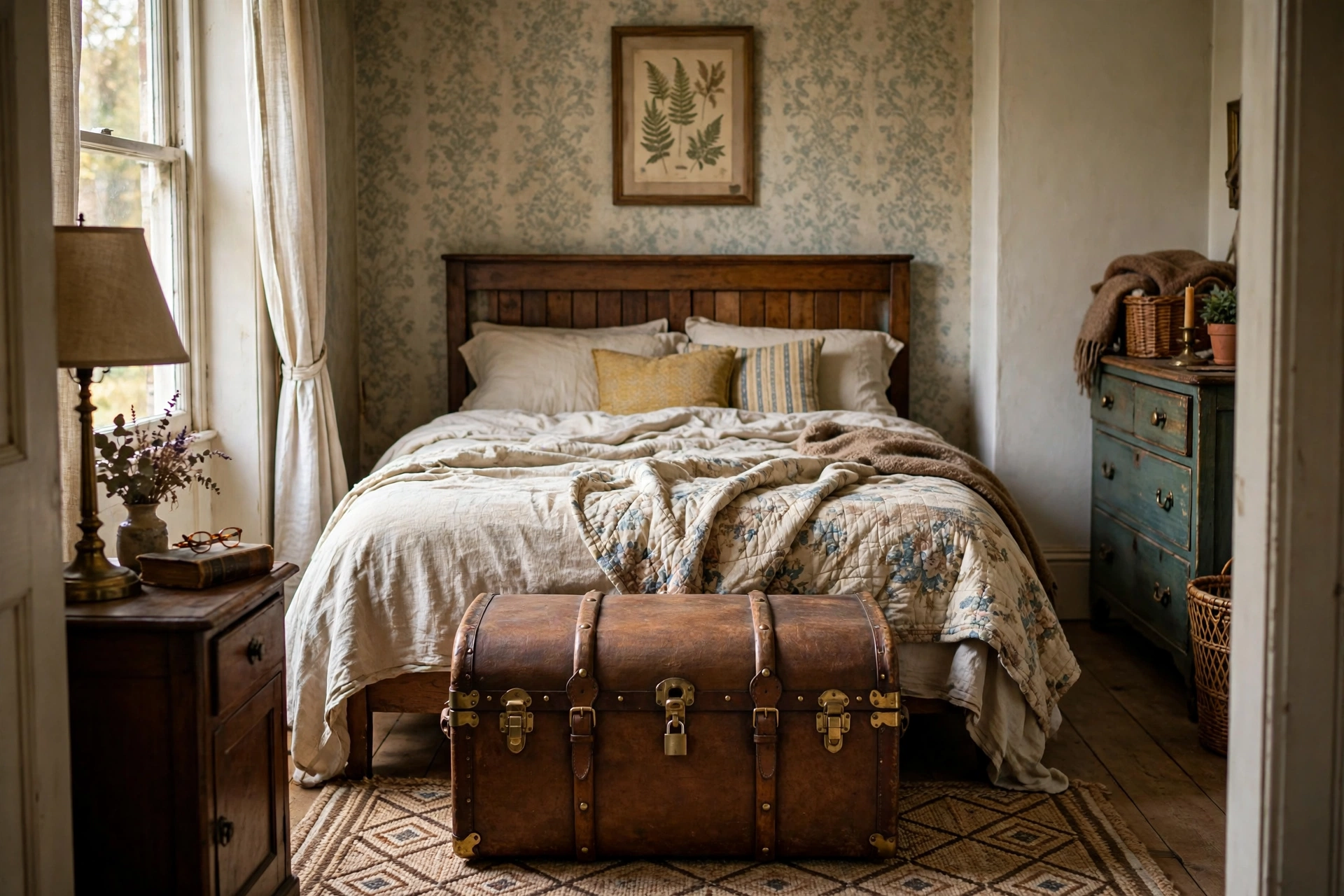 Vintage bedroom design ideas with a leather steamer trunk at the foot of the bed