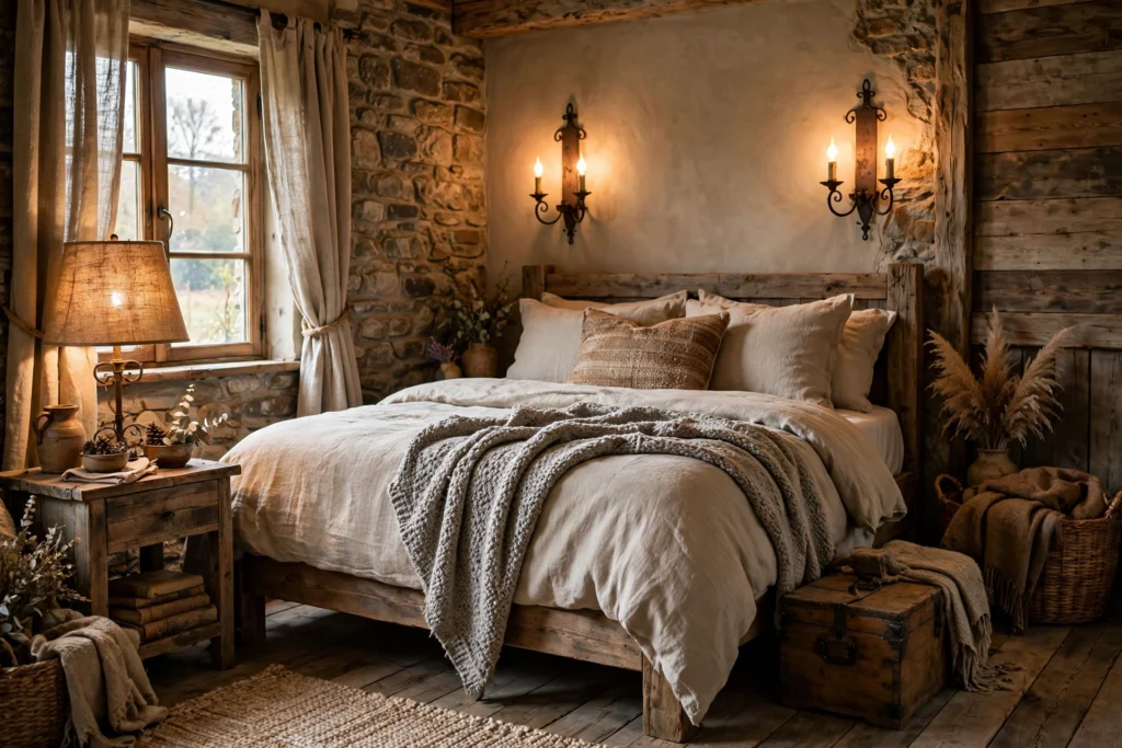 Rustic bedroom design ideas with warm wrought-iron sconces and candle-style bulbs