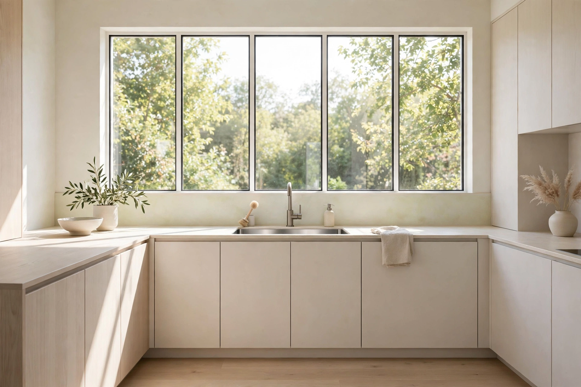 Minimalist kitchen design ideas with large windows flooding a pale kitchen with daylight