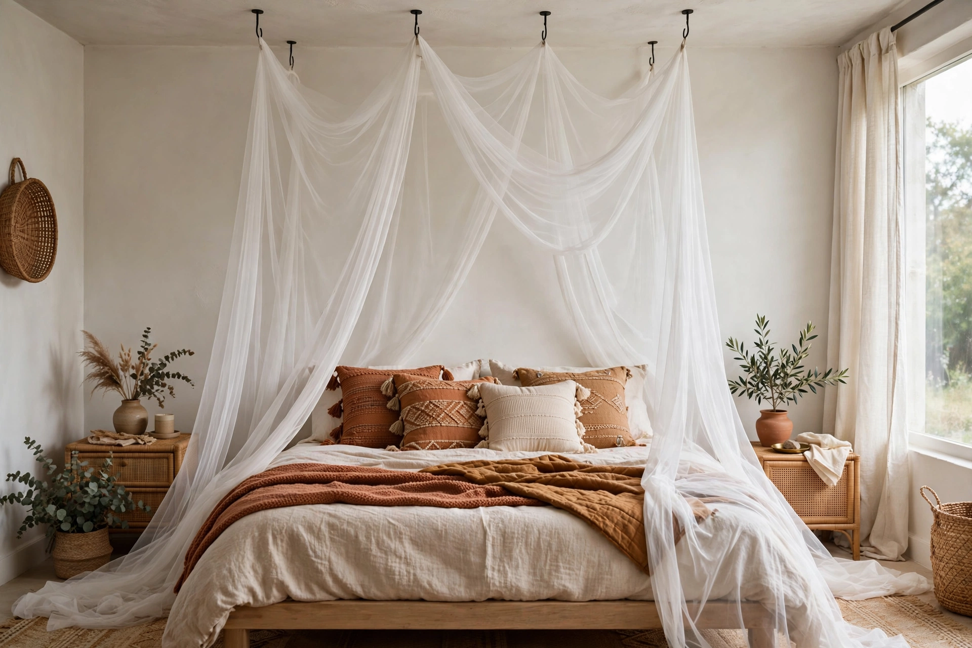 Sheer white fabric canopy draped over a boho bed